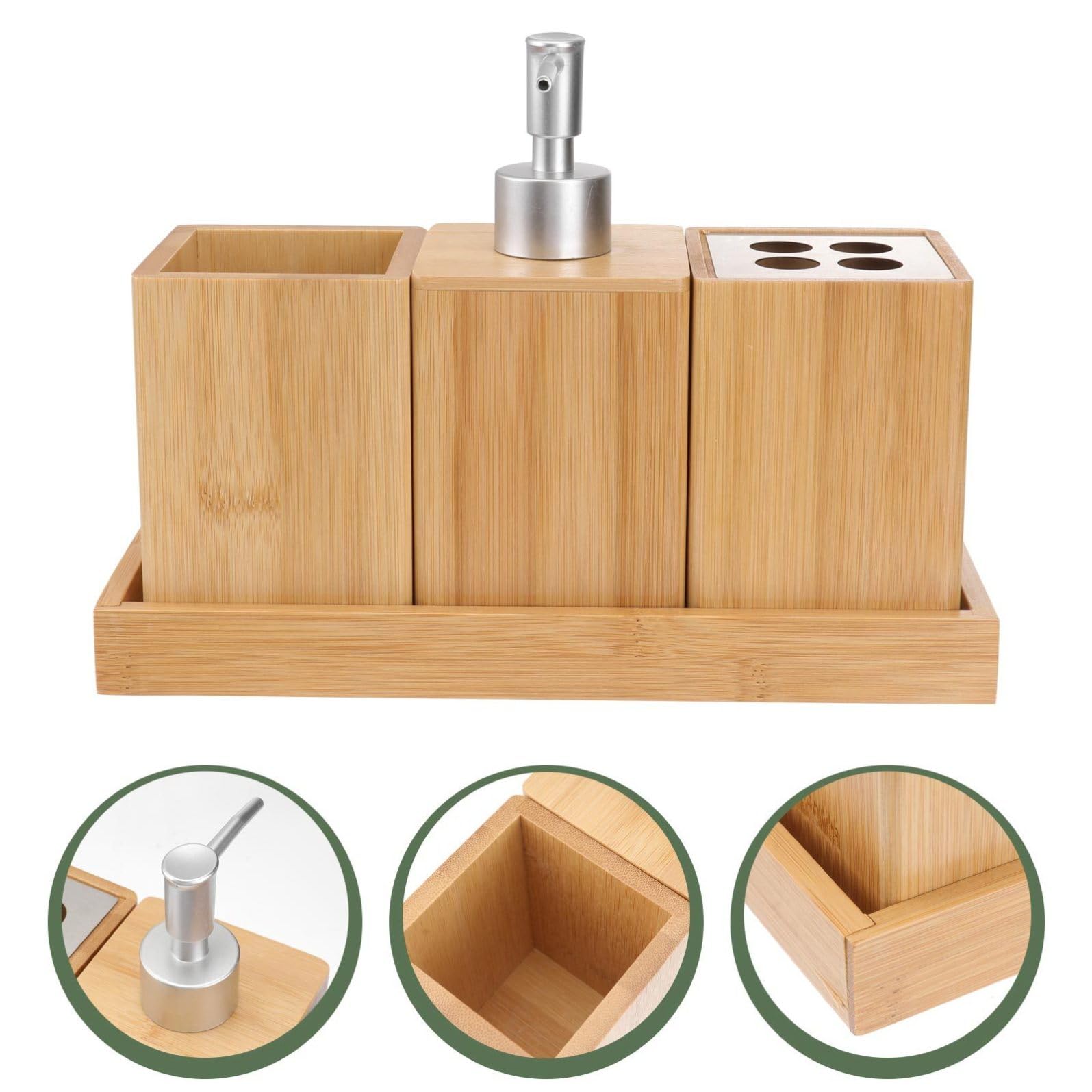 Set Accessori Bagno in Bambù e Legno 4 Pezzi per Lavabo