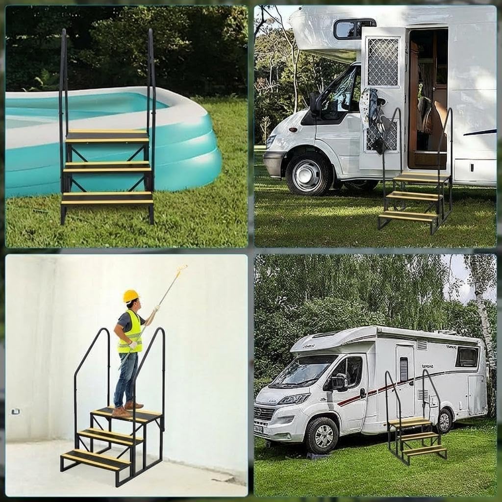 Garvee 3-stufige Wohnmobil-Treppe mit doppelseitigem Handlauf – rutschfeste Metallstufen, stabil und tragbar – Außentreppe für Wohnwagen, Camper, Pools – Belastbar, Schwarz-Gelb – 3 Stufen, doppelte