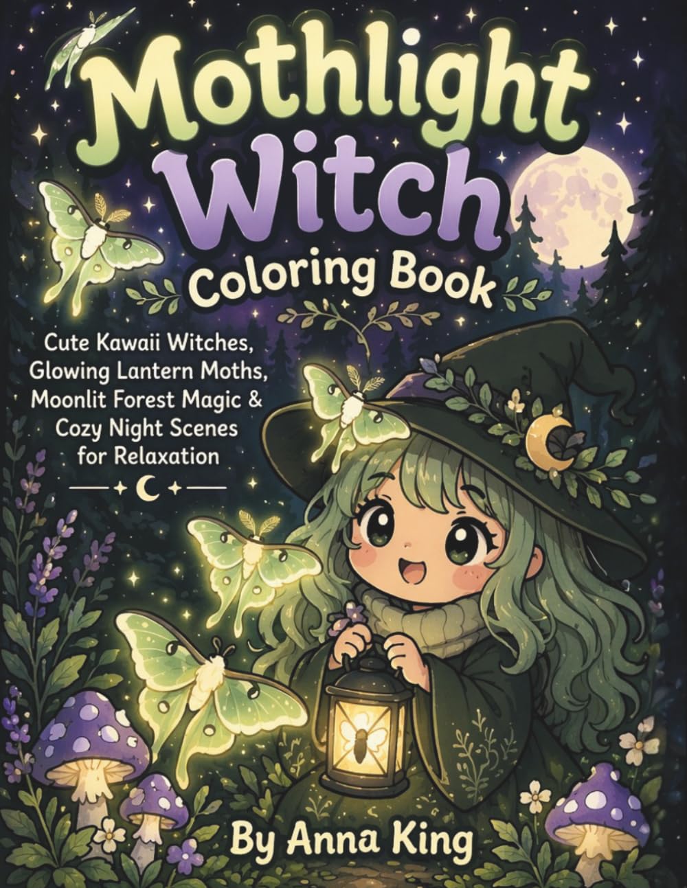 Mothlight Witch Coloring Book: Cute Kawaii Witches, Luna Moths, Moonlit Forest Magic & Cozy Night Scenes for Relaxation