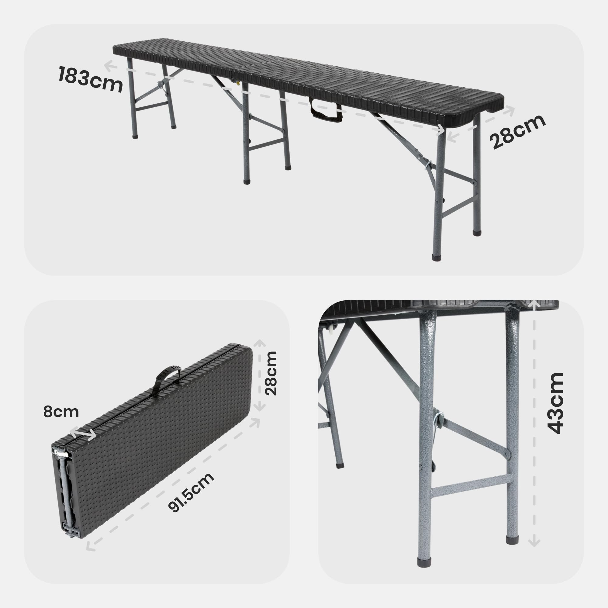 Arebos 2 panchine pieghevoli da birra, con maniglia per il trasporto, 183 x 28 x 43 cm, pieghevole, da campeggio, da giardino, da giardino, da giardino, da 2 pezzi, colore nero