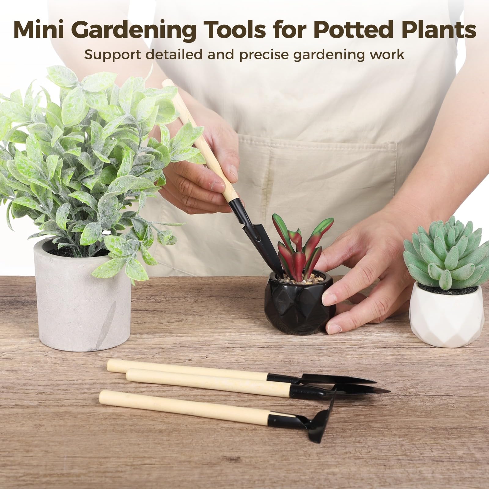 Lot de 8 Mini Outils de Jardinage, Outil Portable avec Manche en Bois, kit à Main en Acier avec râteau, transplantoir, Pelle, pour bonsaï, succulentes, Herbes, Plantes d’intérieur, Petits Pots