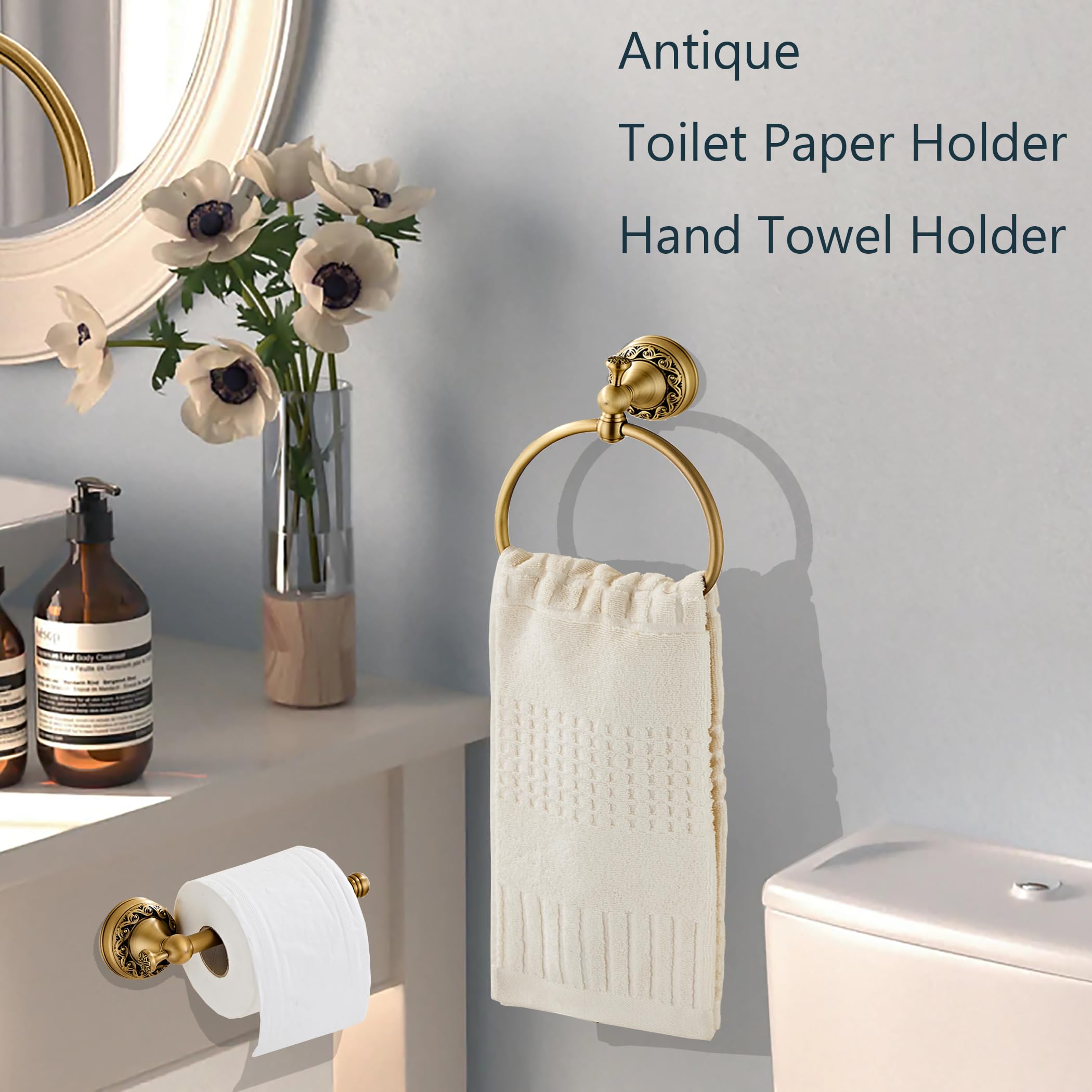 Juego de 4 toalleros de latón antiguo, toallero ajustable para baño que incluye soporte expandible, papel higiénico, anillo de toalla, gancho para toalla, gancho para bata, accesorios de estilo