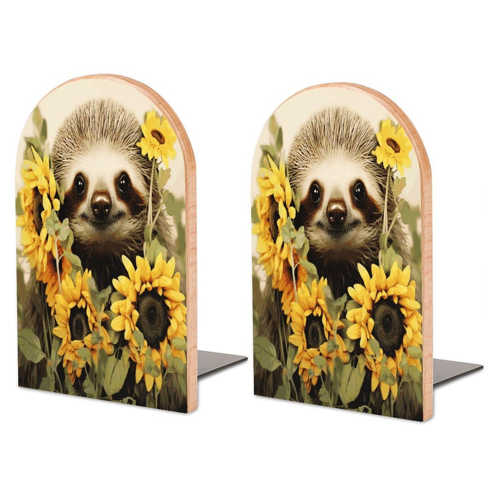 Large Sloth Sunflower Book End with Metal Base Fashion Heavy Duty Bookend Exquisite Wooden Bookends Non-Skid Book Stopper for Shelves Books Organizer for Office Home 1 Pair