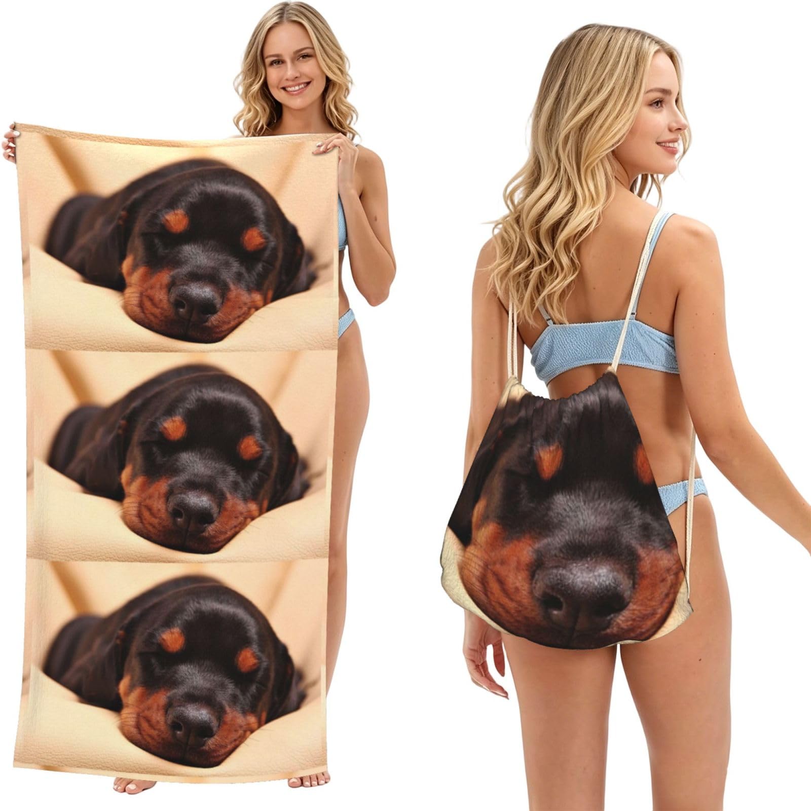 Poadnly As Picture Doberman Puppy Sleeping Dogs Pets Dogs Doberman, 2 In 1 Packable Towel Bag, Beach Towels With Drawstring Backpack For Travel Holiday Camping