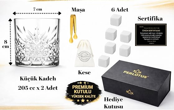 Perlotus İzmir Seri Viski Bardak Seti 2’li Kristal Kadeh Soğutma Taşı Maşalı Mıknatıslı Hediye Kutulu Sertifikalı Erkek Hediye Seti BEYAZ