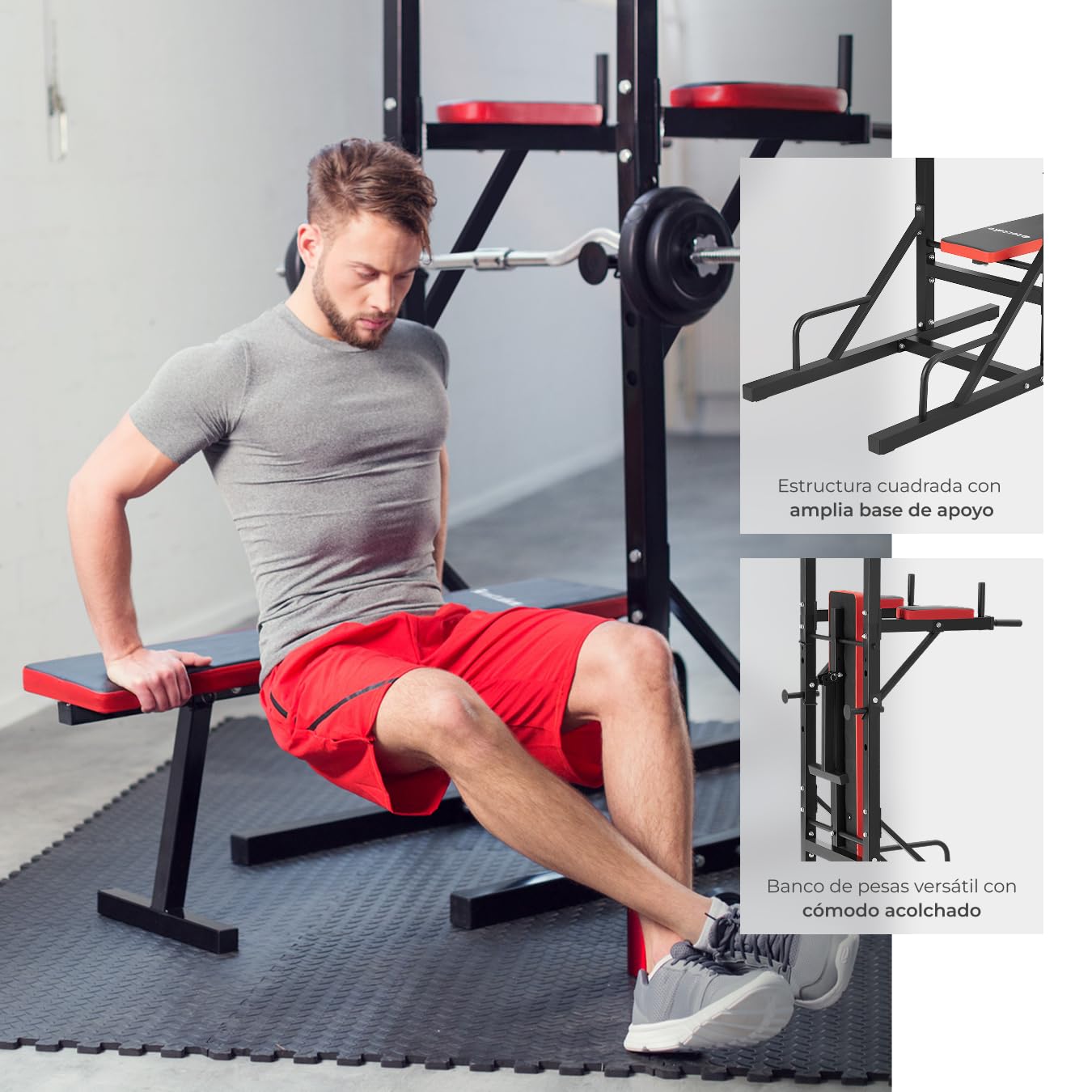 tectake® Banco Musculación Multifuncional, Plegable, Barra Dominadas, Soporte Barra Pesas, Multiestación Musculación, Gimnasio en Casa, Ejercicio en Casa, Fitness - Negro