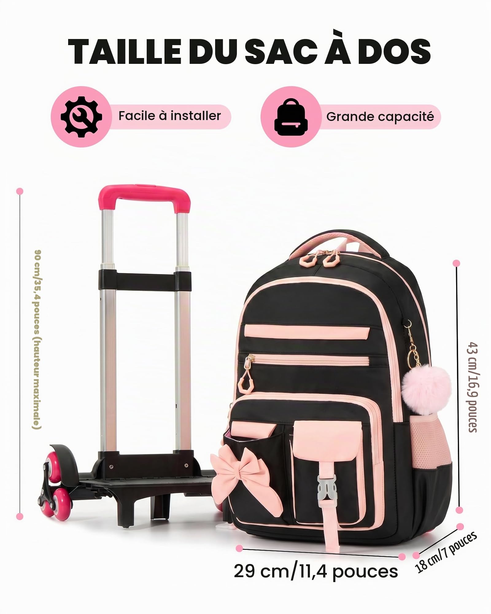 Amythe Cartable Fille à Roulettes Primaire et Secondaire