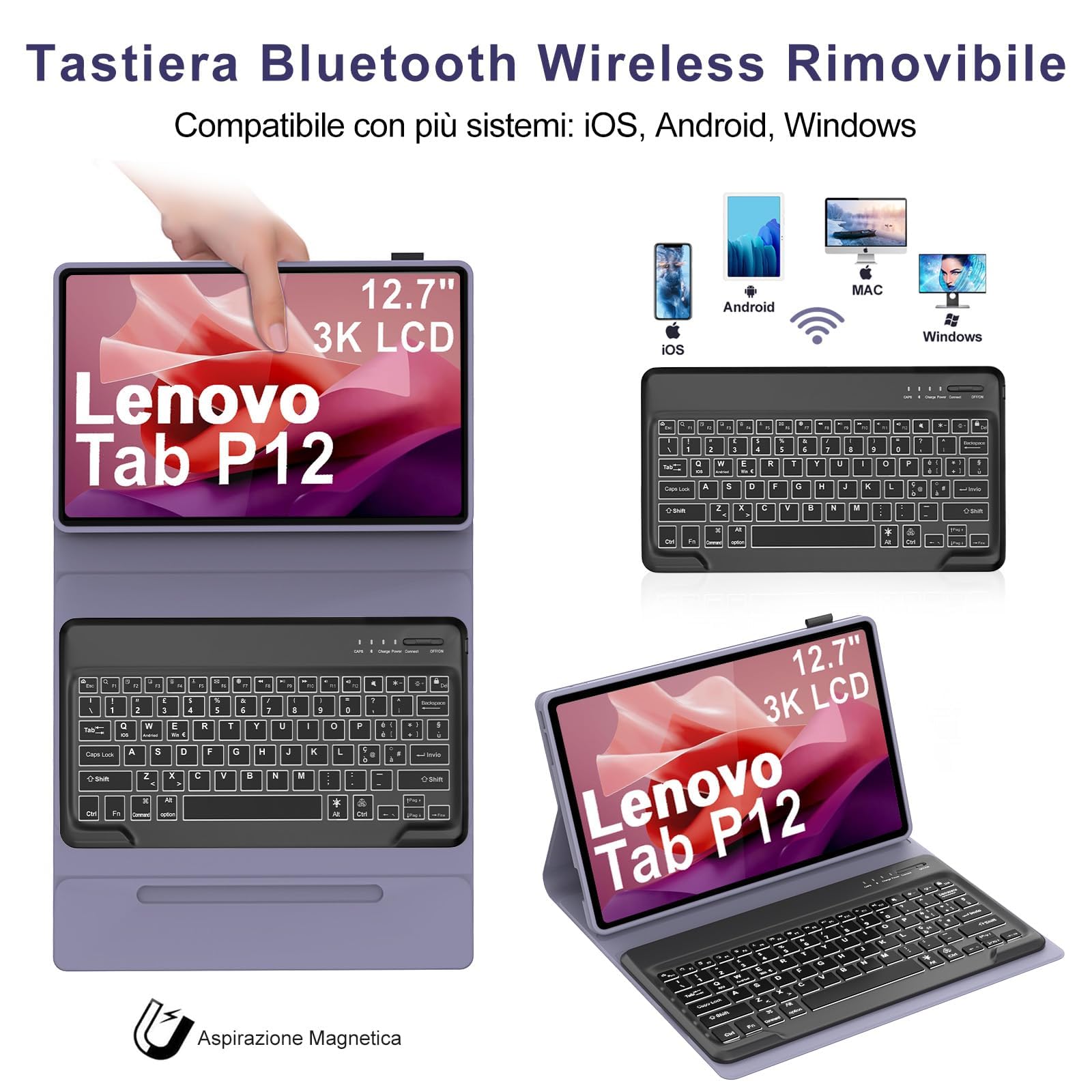 Occtingkind Tastiera Retroilluminata per Lenovo Tab P12 2023 - Custodia con Tastiera Bluetooth Multicolore per Lenovo Tab P12 TB370FU, Layout Italiano, USB C, Senza Touchpad, Lavanda