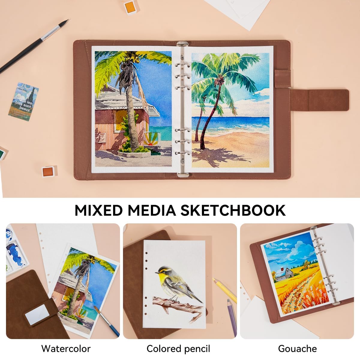 Lightwish Watercolor Sketchbook,100% Cotton Acid Free Watercolor Paper,300gsm/140lb Cold Press Watercolor Journal for Artists,Adults,Students,20 Sheets,9.25 * 6.3 Inches(Leather Brown)