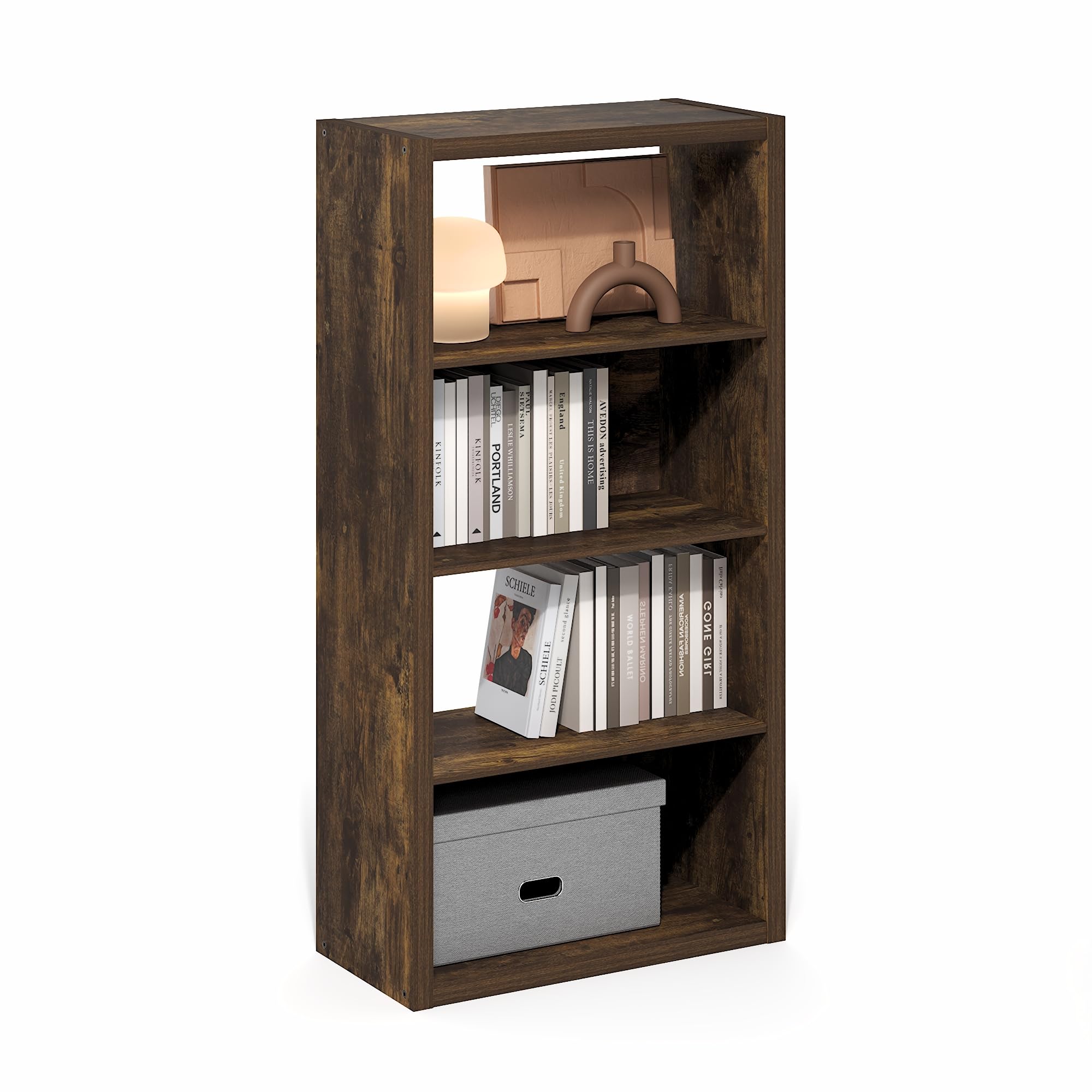 Furinno Viola Book Shelf, 4-Tier Bookshelf, Extra Thick Frame Bookcase with Open Shelf, Open Back Design, 11.3" x 23.2" x 45.4", for Living Room, Bedroom, Home Office, Amber Pine