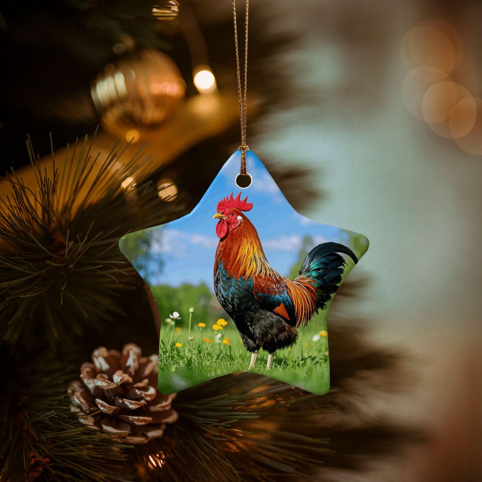 Christmas Ornaments for Christmas Tree Decoration Hanging Rooster Ornament with Gold Ribbon Crafts Star Shape Ceramic Pendant for Keepsake Gifts Xmas Decor Party Supplies