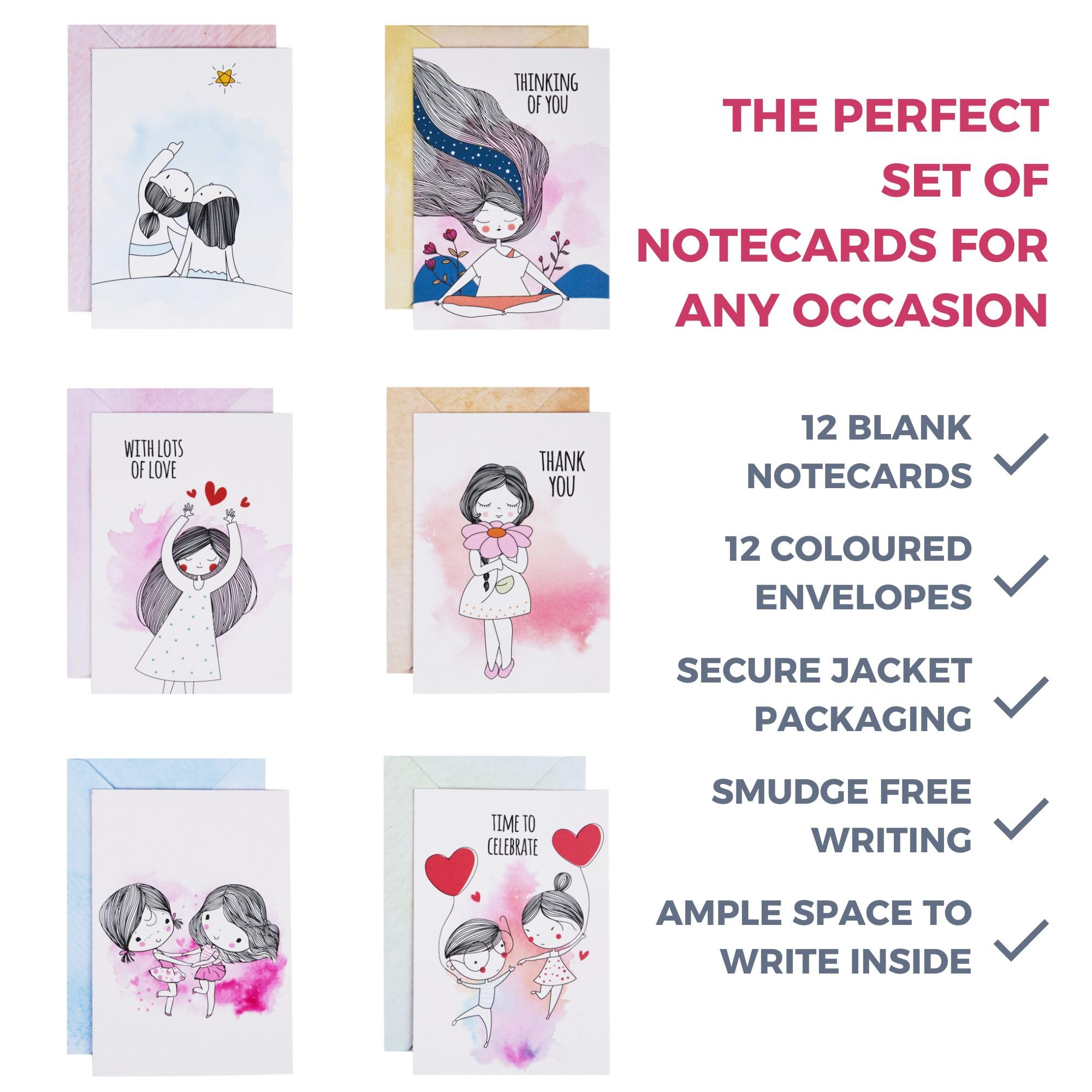 DOODLE Set of 12 Blank Notecards | Coloured Envelopes | Jacket Style Packaging | 6 Different Designs for all Occasions | 3 x 4.25 inches, 160 gsm - You and Me 1