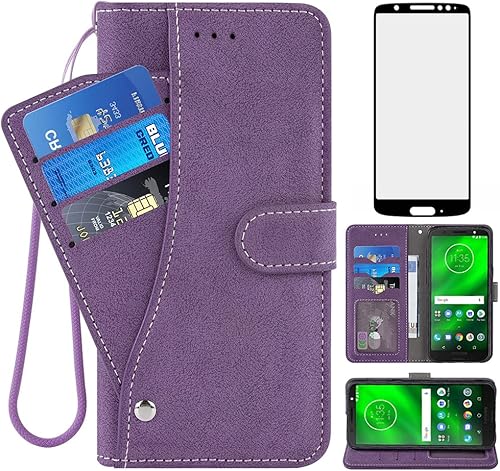 Asuwish Compatible con Moto G6 Funda tipo cartera y protector de pantalla de vidrio templado, funda abatible para Motorola MotoG6 G 6 generación 6