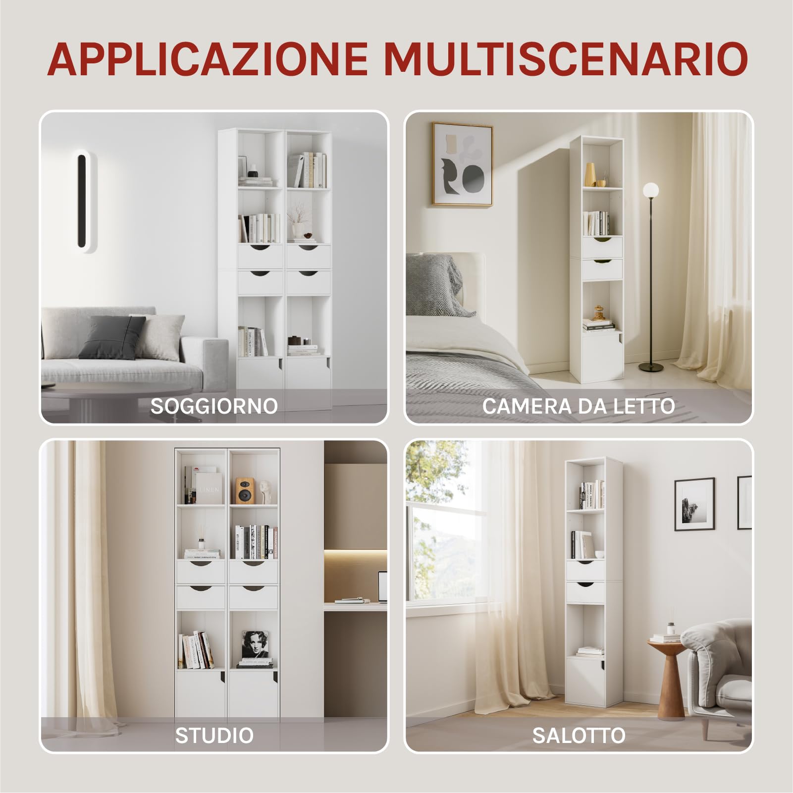 WOLTU Libreria Verticale, in Legno, con 3 Vani Aperti, 2 Cassetti e 1 Armadietto, Mobile Portaoggetti da Terra con Ripiano Regolabile, Bianco, 30x24x158cm