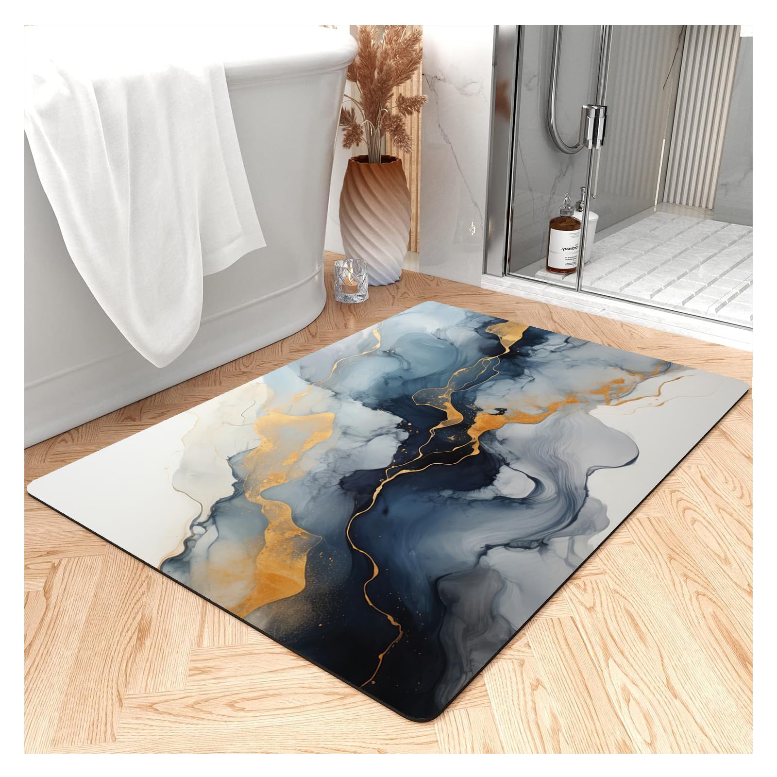 Super Absorbent Floor Mat for Bathroom Non Slip, Diatomaceous Bath Mats Fast Drying Soft, Abstract Blush Marble Texture Carpet for Shower Tub Doormats (Grayish Blue/Gold, 3x5ft/36x60in/90x150cm)