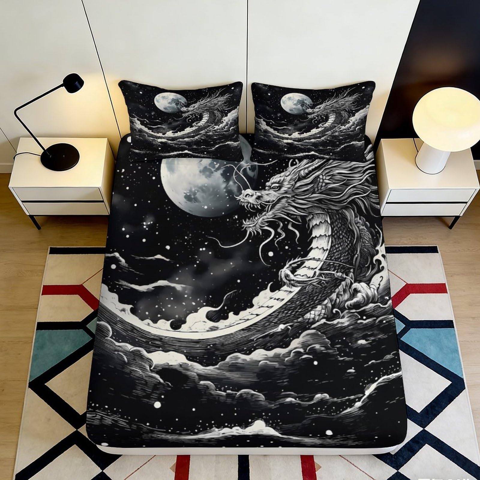 3D Printed Moon Dragon Fitted Sheet Microfiber Soft Breathable Night Sky Bed Cover for Bedroom Dorm Decor 90x200x25cm