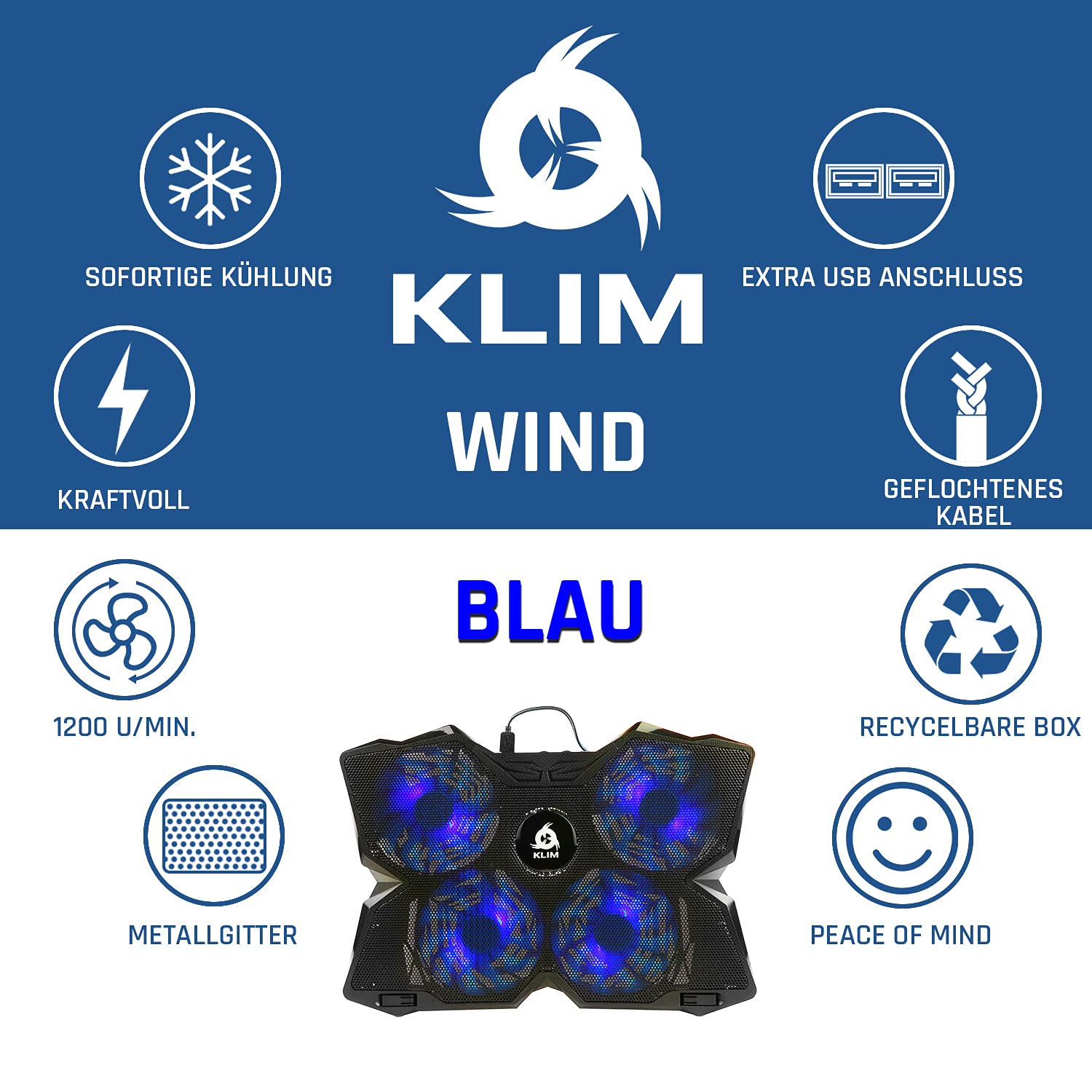 KLIM Wind Laptop Kühler 4 Lüfter PC Notebook PS4 Belüfteter Laptop Ständer Blau