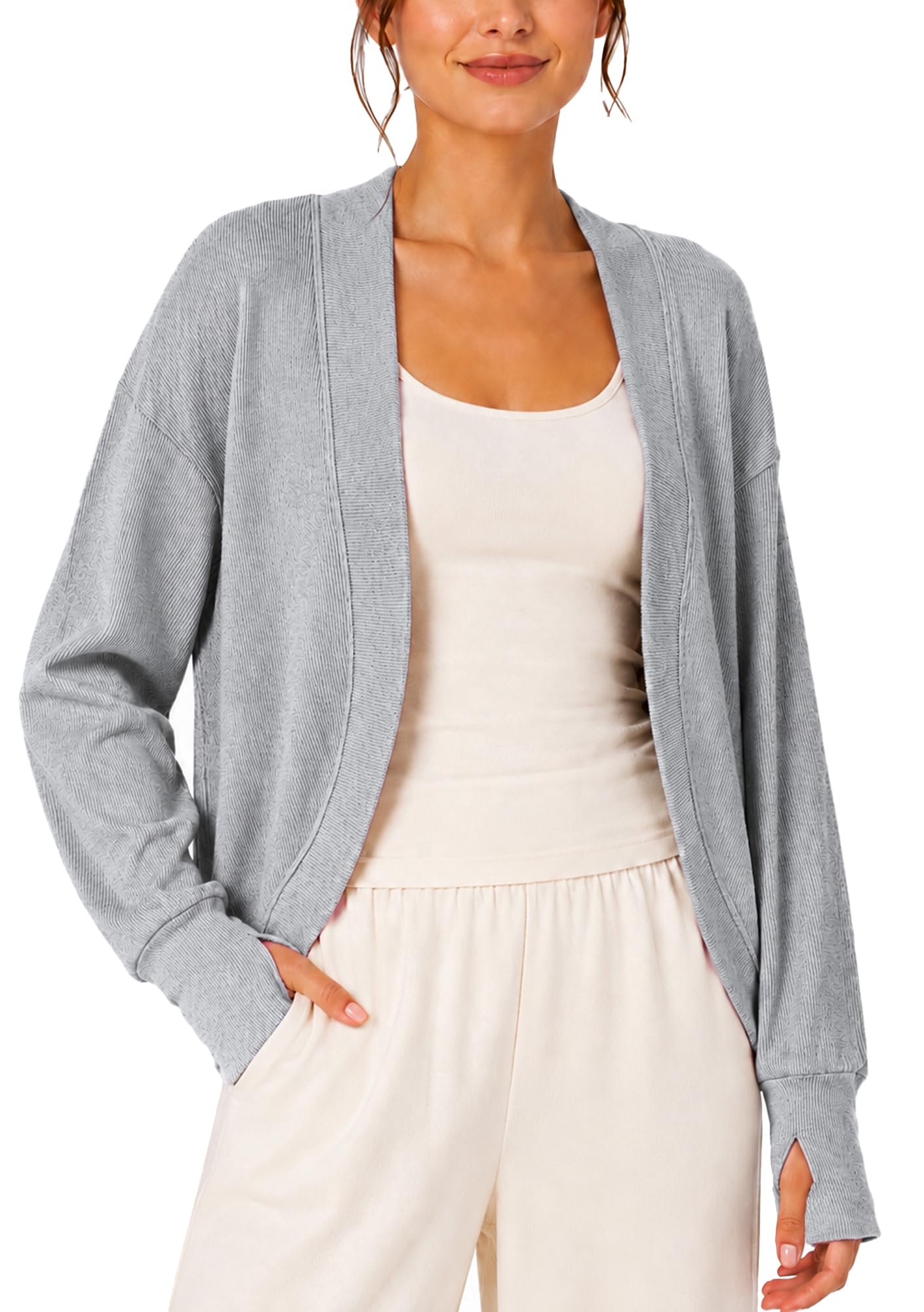 FEOYA Cardigan mit offener Vorderseite für Damen mit Daumenlöchern