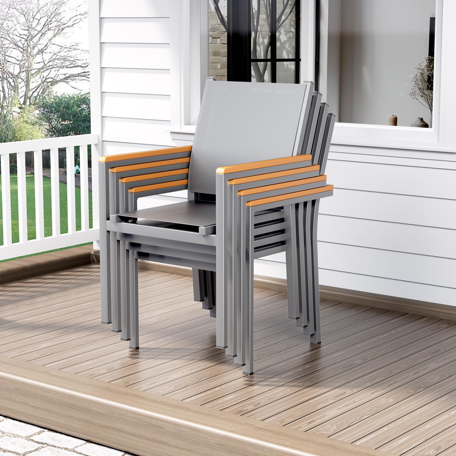 LIFERUN Krzesła ogrodowe, zestaw 4 sztuk, aluminium, możliwość układania w stos, tekstylne, poręcz WPC, krzesła balkonowe, na taras, balkon, taras, basen, do restauracji, odporne na warunki