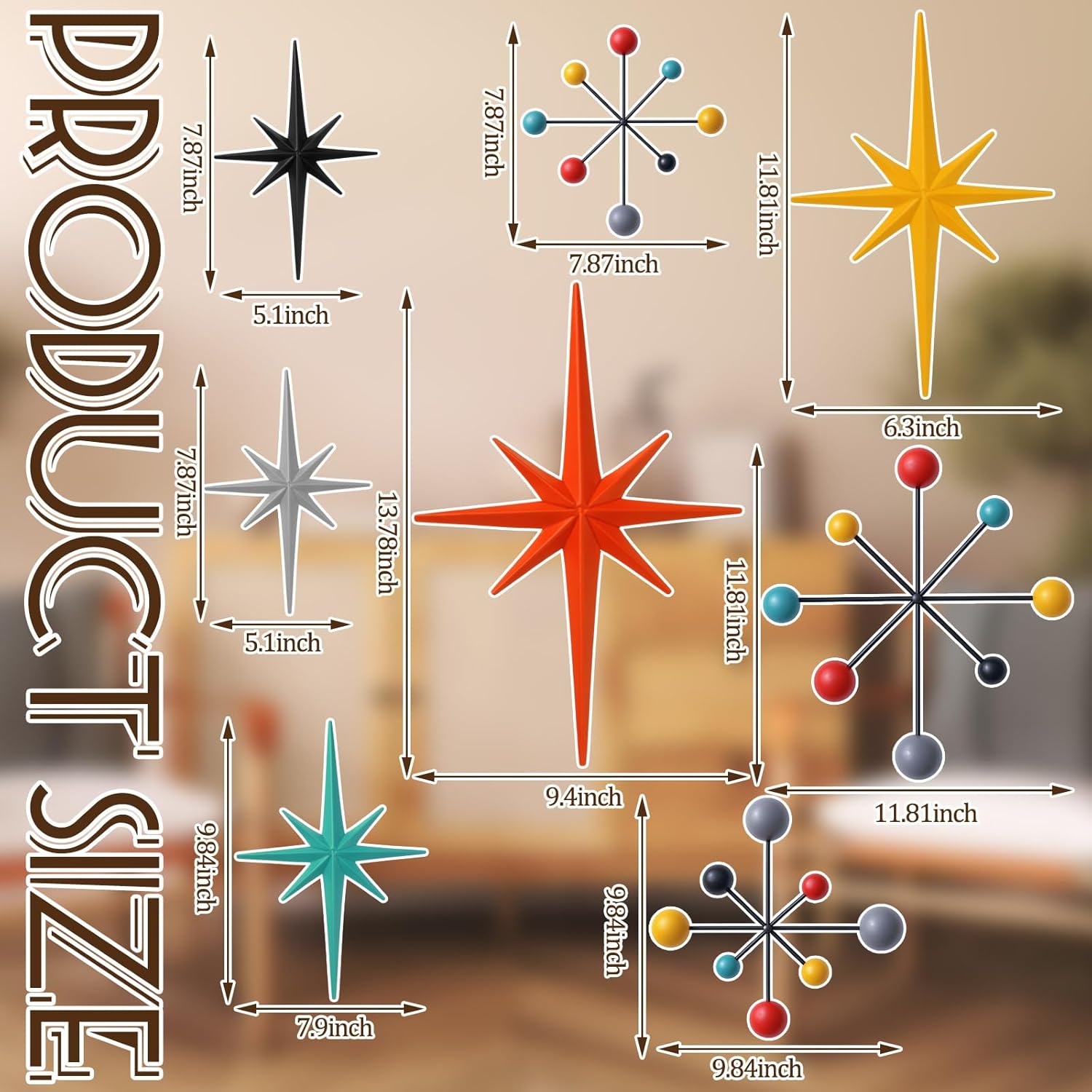 Otoolling 8 Pcs Retro Wall Decor Metal Mid Century Modern Art Retro Vintage Colors 3D Star Atomic Sculpture Iron Starburst Vintage Celestial Metal Wall Decor Accent Hangings for Home Office Room