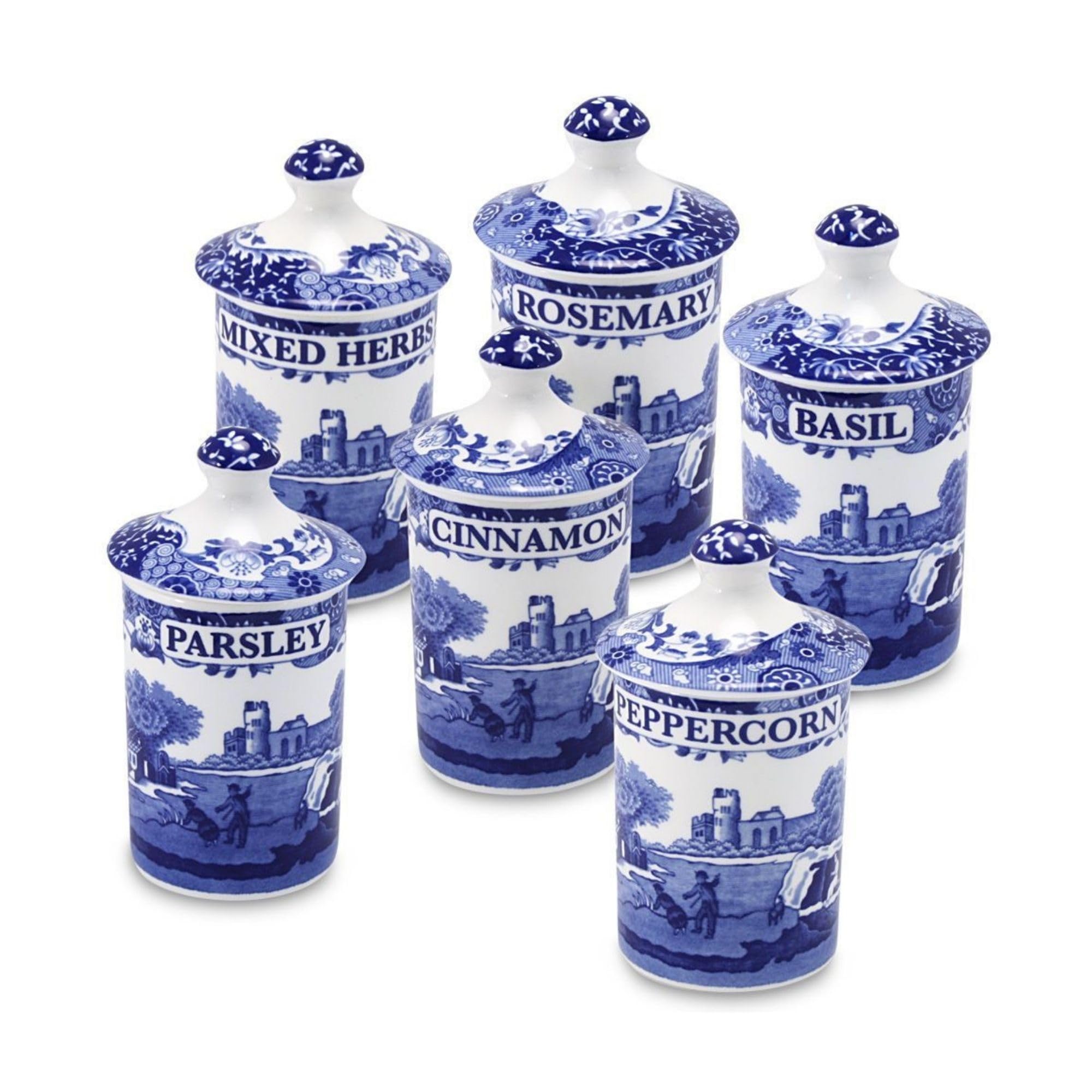 Spode Blue Italian Set of 6 Spice Jars, Fillable Containers for Mixed Herbs, Parsley, Peppercorn, Cinnamon, Rosemary, Basil