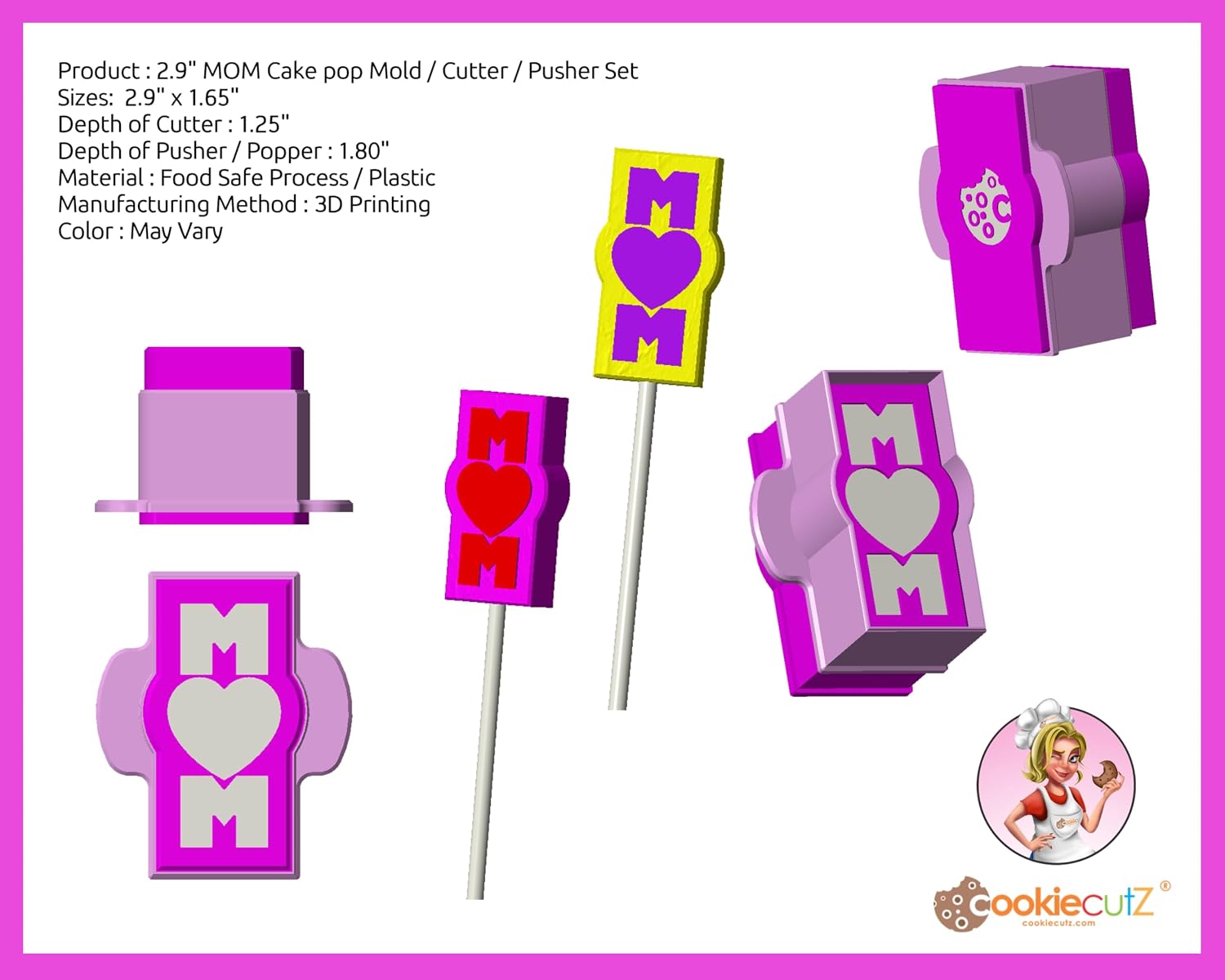 2.9" MOM Cake pop Mold/Cutter/Pusher Set