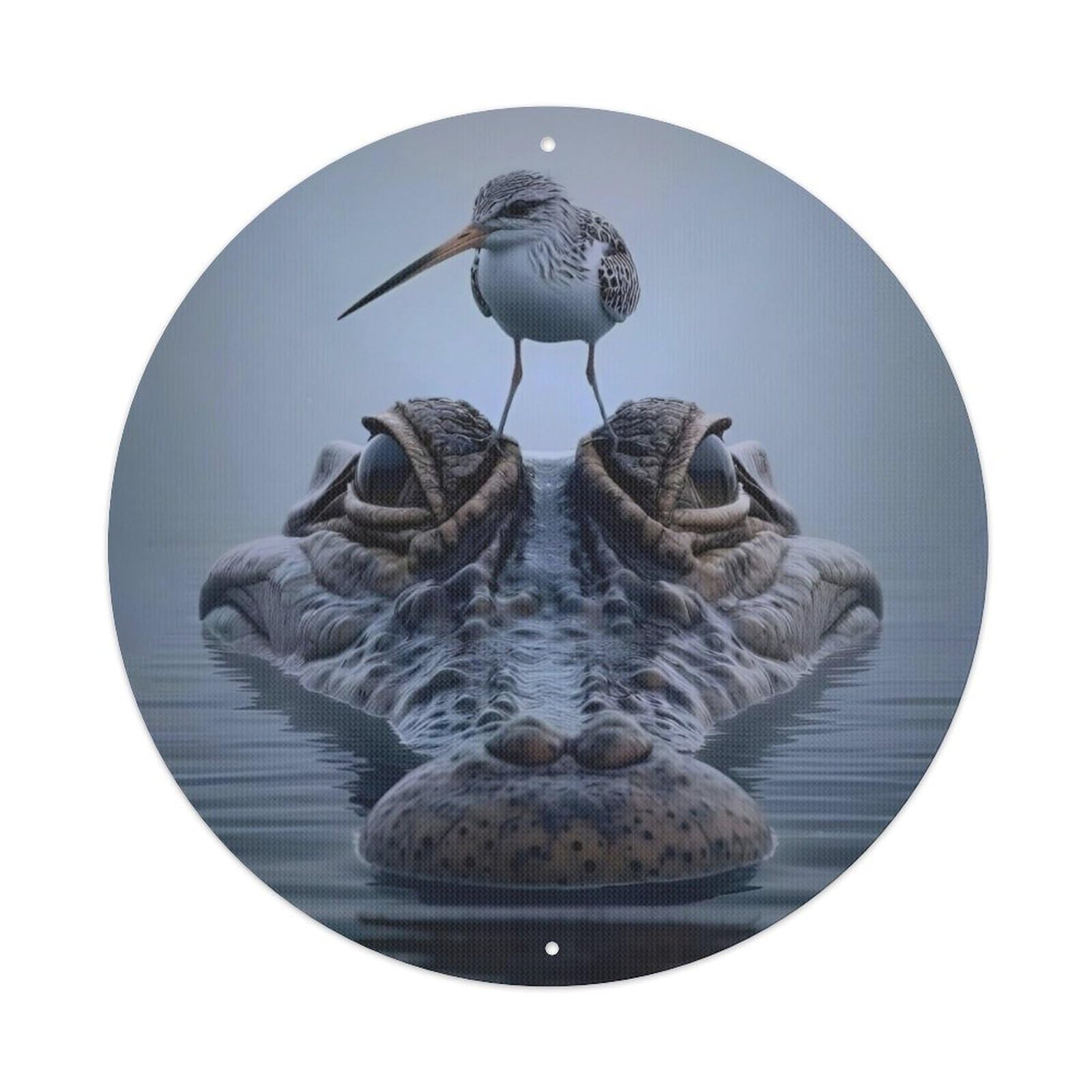 Animal Curlew Bird Perched on Alligator in Wetland Wildlife Scene Vintage Metal Tin Sign Plaque Wall Decor for Cafe, Club Bar, Office, Garden Metal Poster 8x8Inch