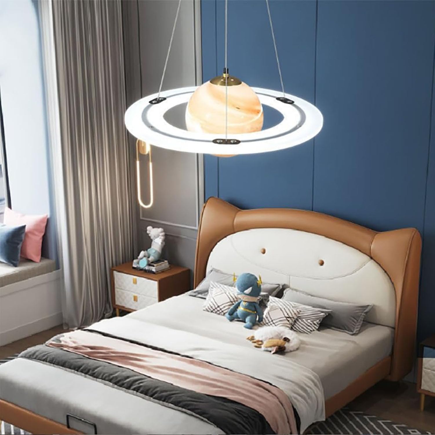 Lampadario Sospensione Bambini - Plafoniera LED Moderna a Forma di Pianeta, 45W Dimmerabile con Telecomando, Design Creativo Spaziale per Cameretta, Nursery e Area Giochi (Arancione, 55cm)