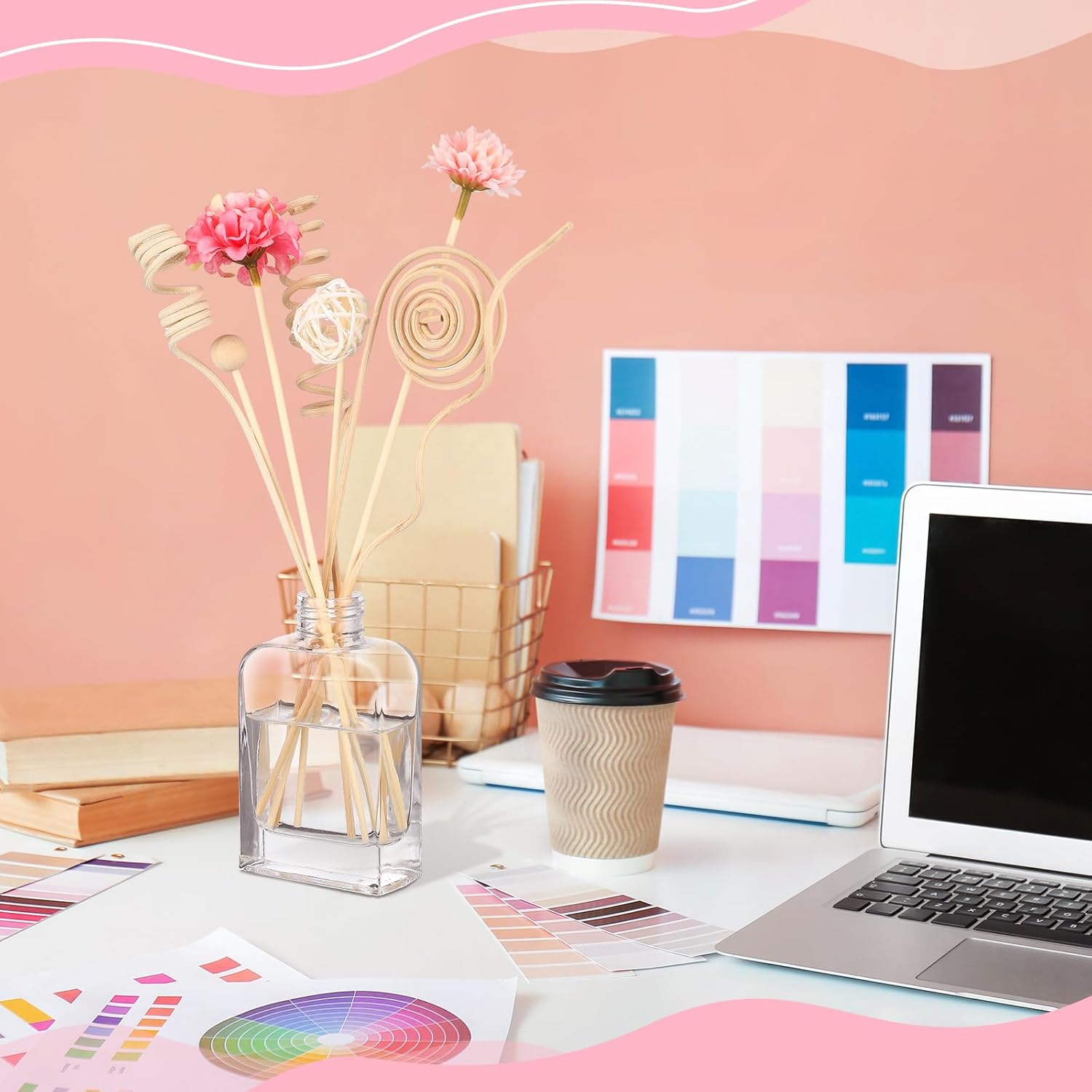 Queekay 32 Pcs Reed Diffuser Sticks Set Include 21pcs Natural Rattan Wood Beads, 11 Style Fragrance Diffuser, Rattan Reed Fragrance Replacement for Home(Pink Color) - Image 5