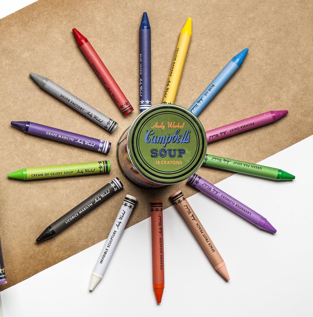 Mudpuppy Andy Warhol Soup Can Crayons, Orange, Includes 18 Crayons Inspired by Iconic Andy Warhol Piece, Warhol-Inspired Crayon Colors in Orange and Blue Tin, Ideal Art Lovers Gift