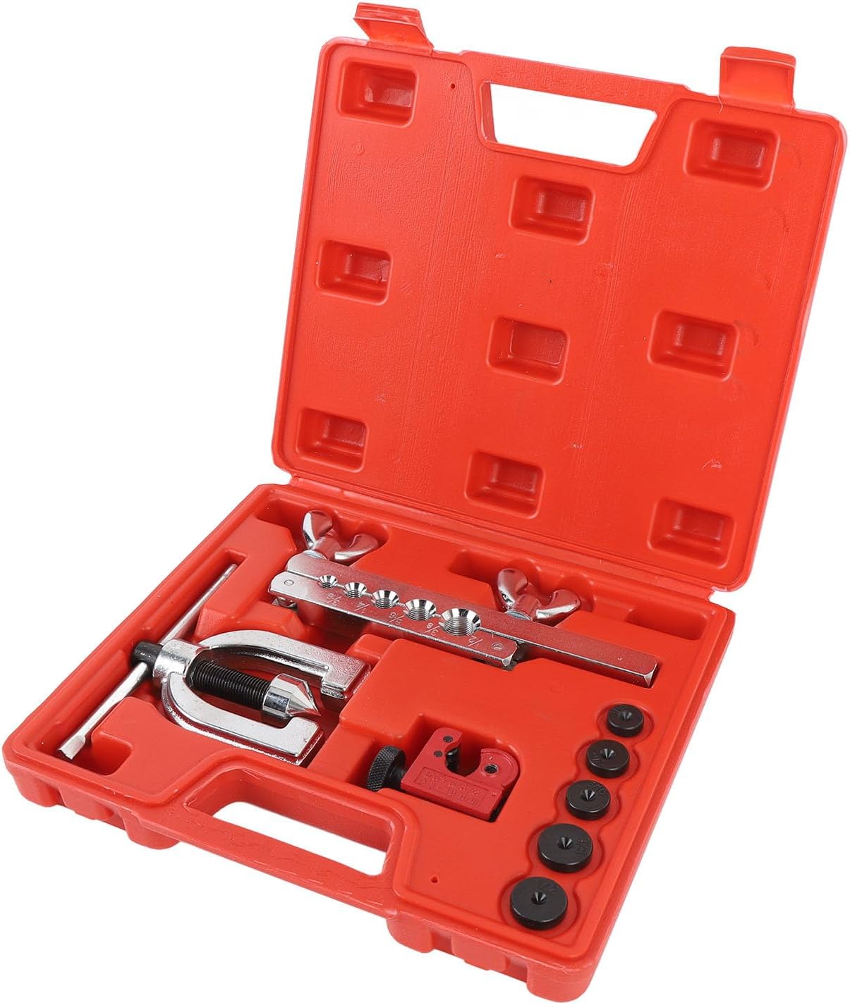 Brake Line Flaring Tool Kit, 1/4 Copper Coated Brake Line with 5 Adapters for Single and Double Flares, Flexible Tubing for Water Refrigeration HVAC Systems