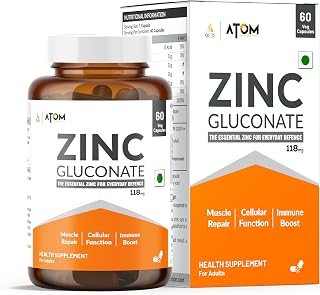 AS-IT-IS Nutrition ATOM Zinc Gluconate 118mg I 17mg Elemental Zinc I 60 Veg Capsules I Energy, Immunity, Skin Health & Antioxidant Support