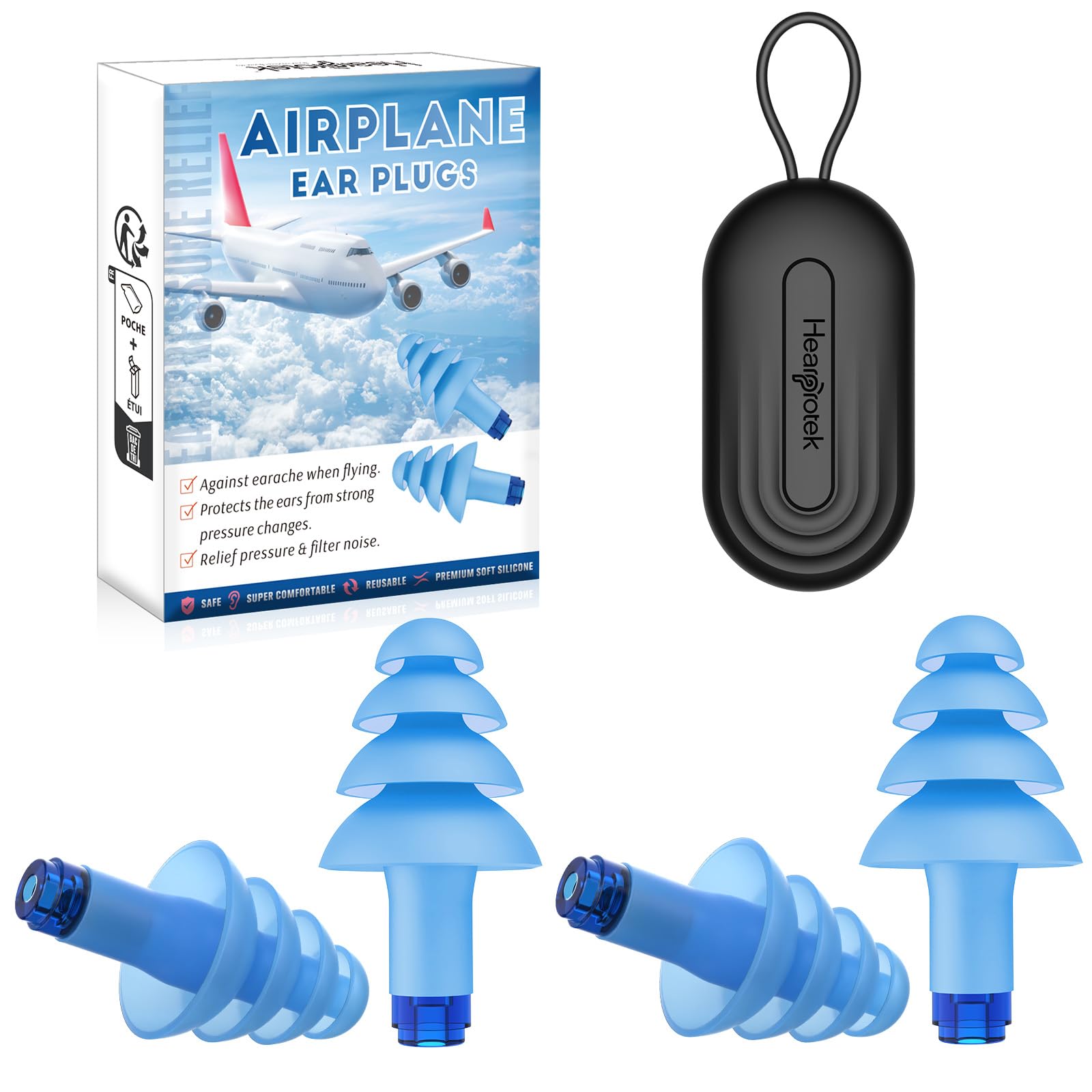Hearprotek Airplane Ear Pressure Relief Earplugs, Soft Reusable Ear Plugs for Airplane Pressure with Carrying Case, Travel Essentials for Adults, Flying, Reduce Pressure & Engine Noise (Blue+Blue)