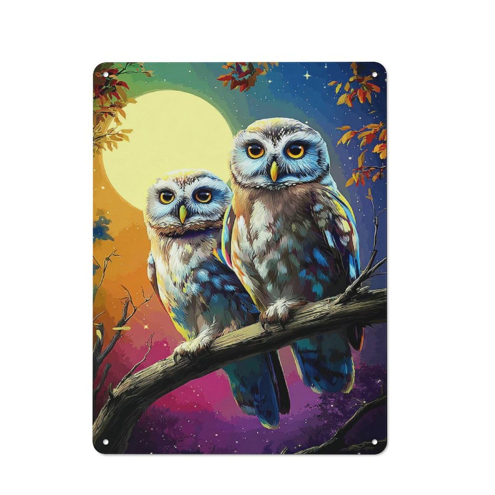 Junmoney Owl Pair Under Moonlit Sky Nostalgic Metal Wall Sign 40X30cm, Classic Pub Decor For Bar, Kitchen, Garage Or Games Room