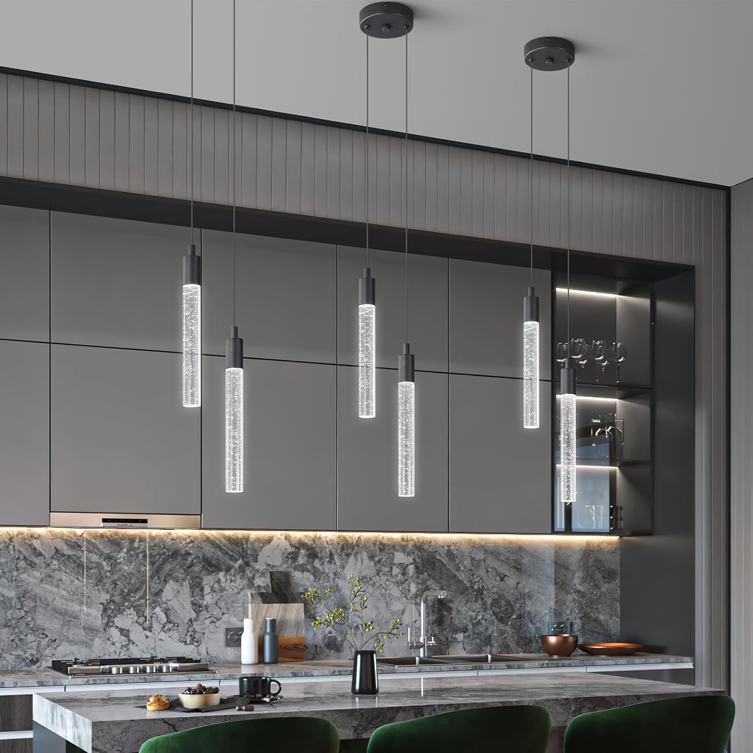 Modern Light Fixture Kitchen Island Pendant Light Dimmable LED Black Pendant Lights Mini Crystal Pendant Lighting for Bedroom Dining Room Living Room（2-Light ）