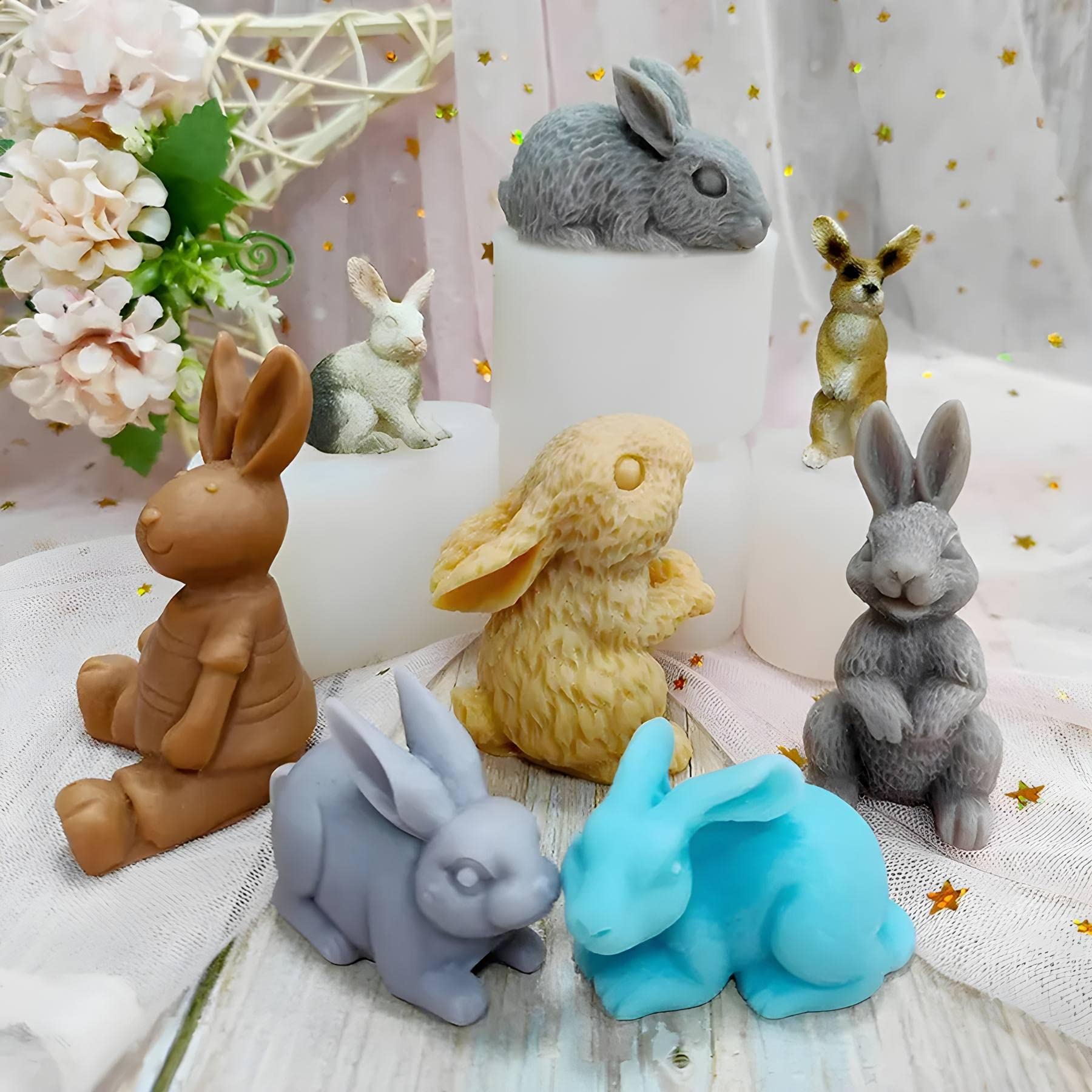 UptVin 7 Pezzi Stampi in Silicone per Conigli Pasquali, Stampi in Silicone Conigli con Cuore Coniglietto di Pasqua Stampo Portacandela per Gesso