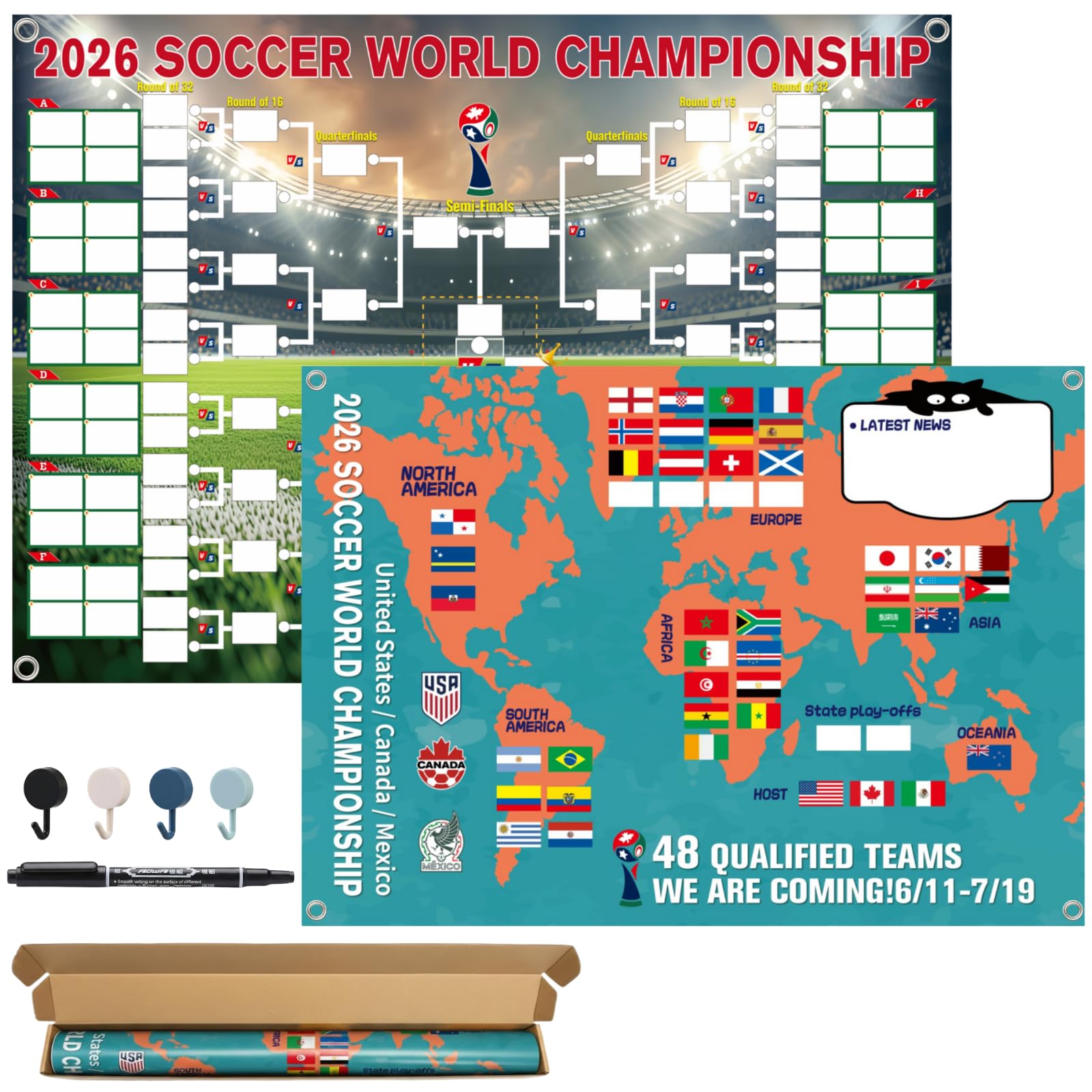 2026 Football Schedule Poster, 48 Teams Tournament Wall Map & Finals Bracket Showcase, 2-in-1 Double-Sided Write-on Chart, Waterproof PVC Material, Includes Marker & Hooks, Football Gifts for Fans
