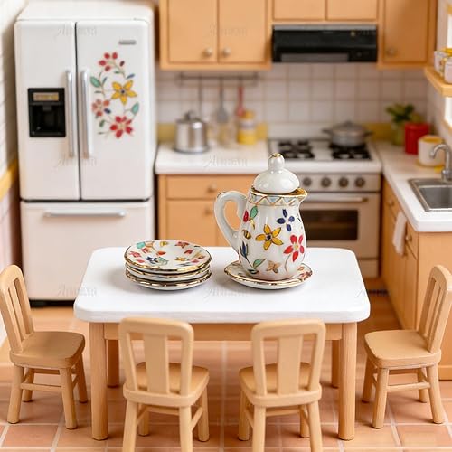 Miniatura 7 de AUEAR, Juego de 15 piezas de té de porcelana en miniatura 1:12 Miniatur Plato Taza Plato Accesorios Clásicos de Cocina (Patrón de Hoja Dorada)