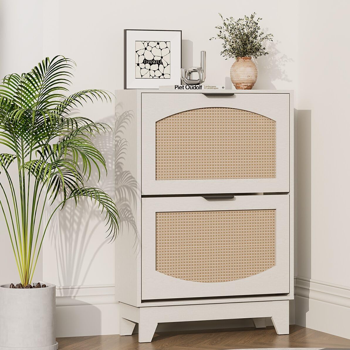 Rattan Shoe Cabinet with 2 Flip Drawers, 12" Deep Shoe Storage Cabinet for Entryway, Cream White Wood Grain Boho Shoe Organizer for Men's Sneakers & Boots, Space Saving Hidden Shoe Rack