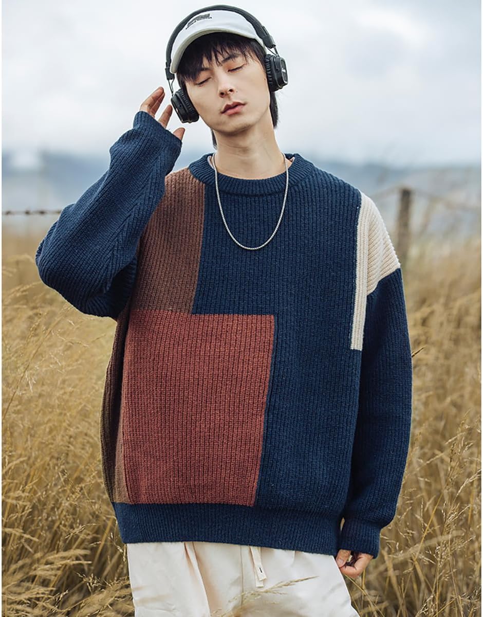 American Men's Pullover Spliced Warm Sweater, high-end Niche Long Sleeved top, Round Neck Casual Design Jacket - Image 3