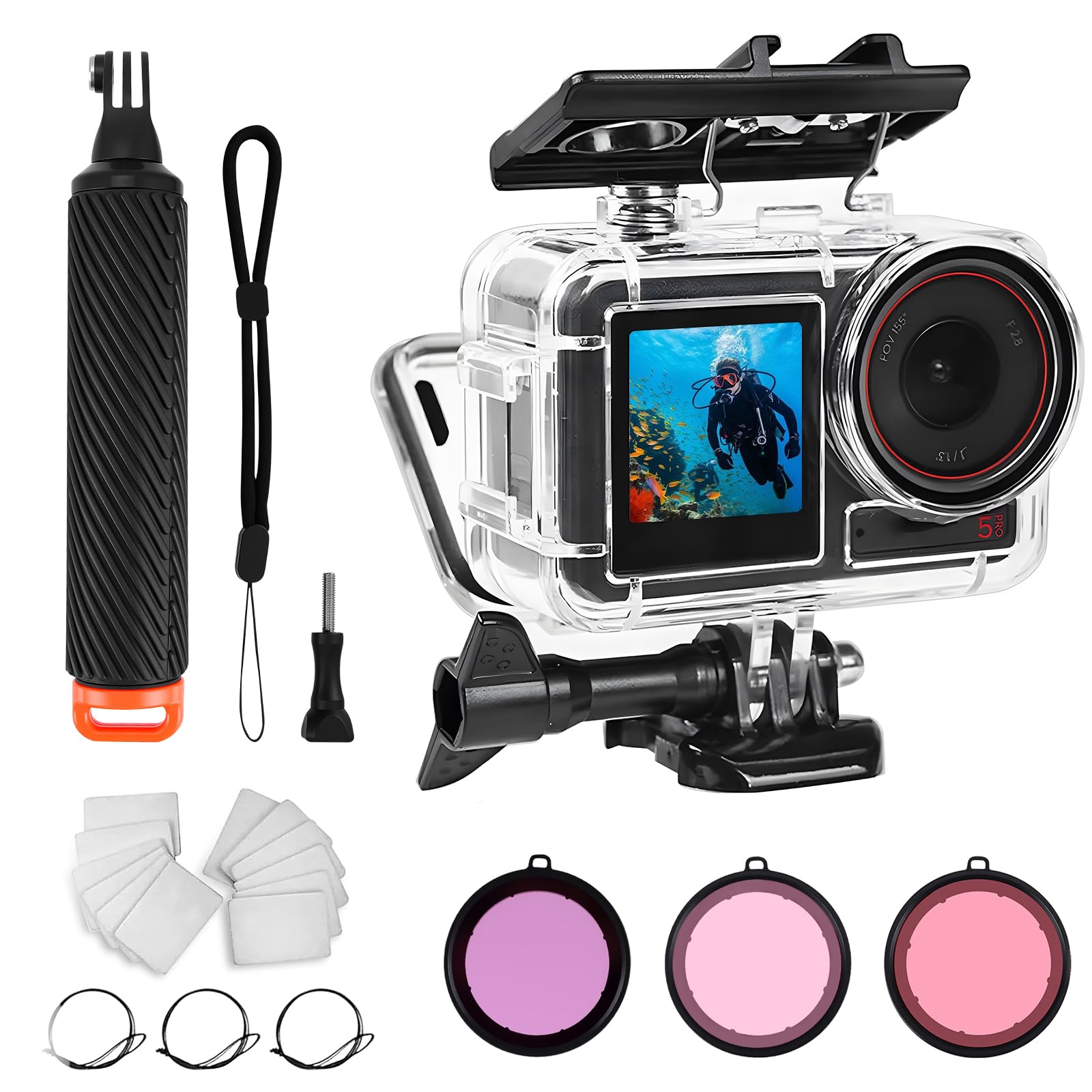 DJI Osmo Action 5 Pro/4/3 Wasserdichtes Gehäuse 60M Unterwasser-Schutzgehäuse mit 3 Farbfilter-Set Auftriebsgriff Antibeschlag