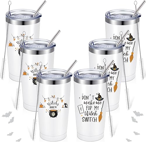 Paquete de 6 tazas de taza de bruja de Halloween, 20 onzas de Witch's Brew Dont Make Me Flip My Witch Switch con aislamiento gótico, taza de café de
