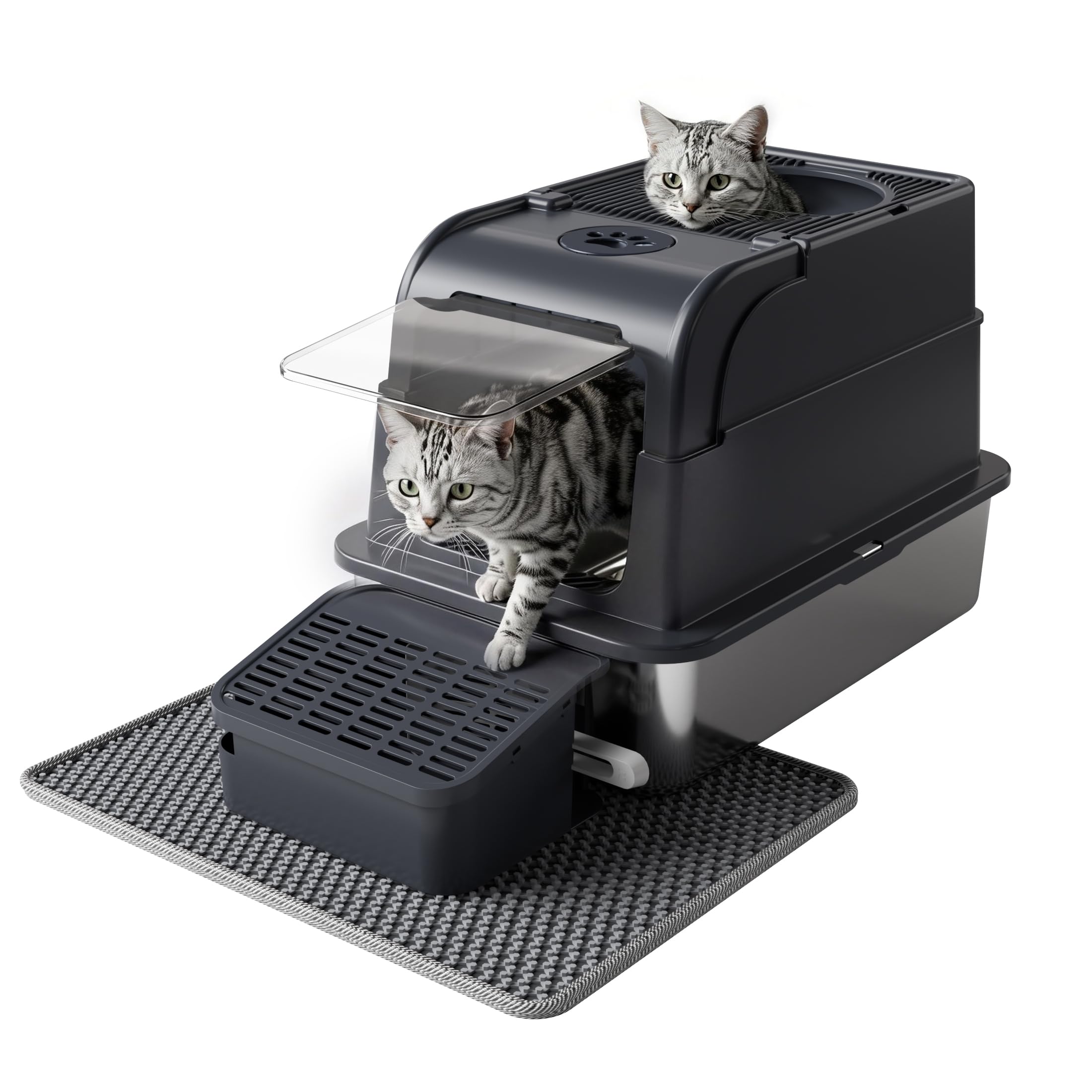 PAKEWAY Große Katzentoilette Edelstahl, XXL 3-in-1 Geschlossen & Offen, Mit Klappdeckel & Anti-Tracking-Stufe, Geruchskontrolle, Leicht zu Reinigen