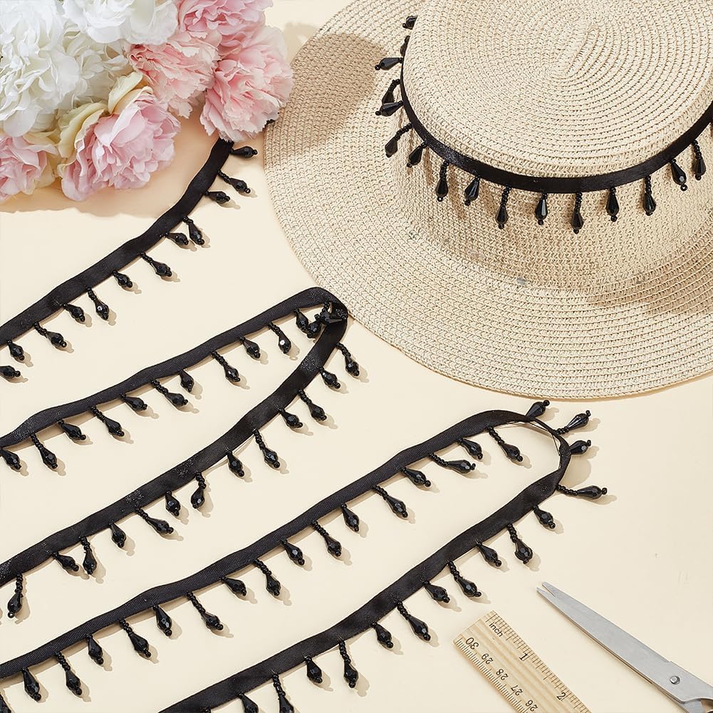 arricraft 4M (4.37 Yards) Black Teardrop Beaded Tassel Trim, Irregular Acrylic Bead Tassel Sewing Beaded Tassel Trim for DIY Sewing Craft Clothing Home Curtain Decoration