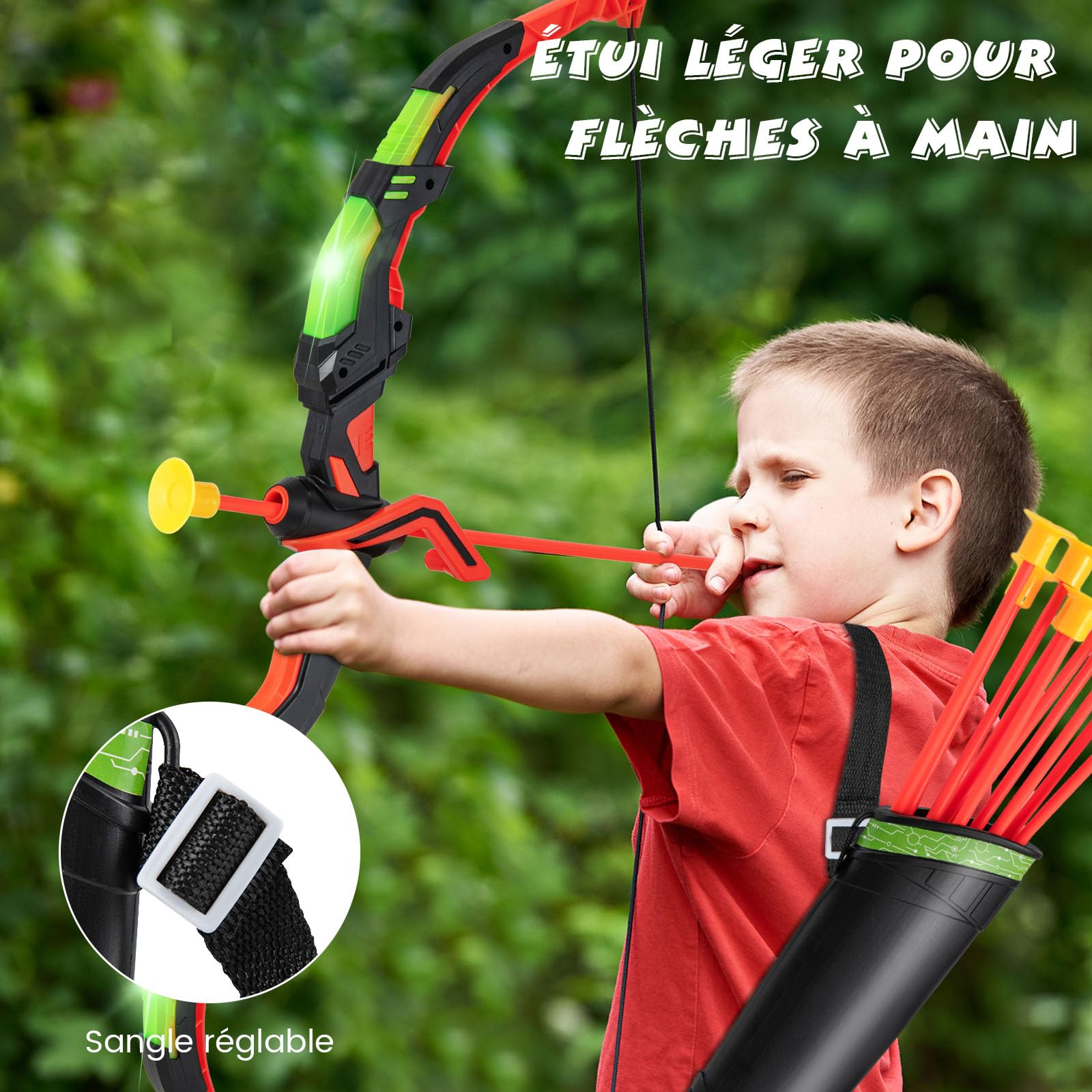 GOPLUS Arcs et Flèches Enfants, Ensemble Tir à l'arc à LED avec 20 Flèches à Ventouse, 2 Carquois, Cible détachable, Jeu de Tir Intérieur Extérieur pour Garçons et Filles 3 à 12 Ans