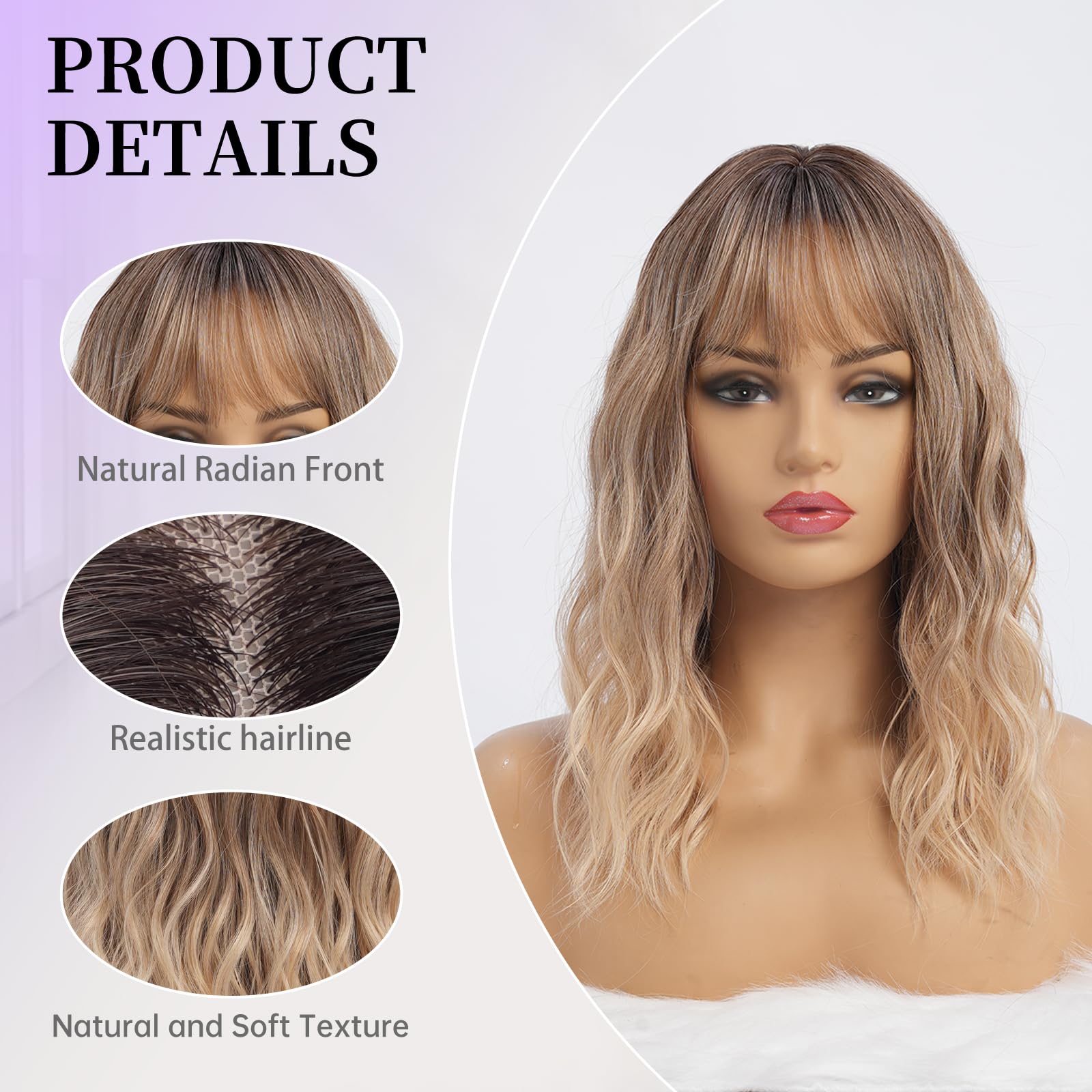Simkaylee Blonde Perücke mit Pony 40cm Mittellang Gewellt Synthetisches Haar Ombre Blond Dunkler Ansatz Natürliche Haarlinie