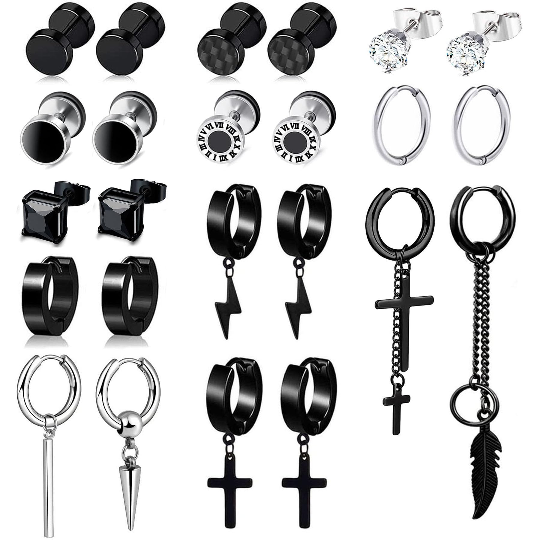 BVLAGIDA 24 Piezas Pendientes Hombre Acero Inoxidable Pendiente Kpop Pendientes Colgantes Cruz Aros Pendientes Negro/Plata Pendientes para Hombres Mujeres