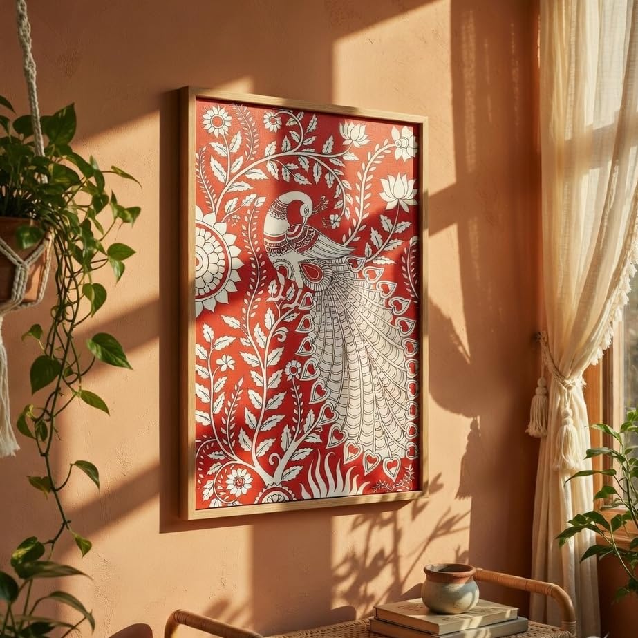 Image of Livin'luxe Folk Peacock Wall Painting with Wooden Frame | Traditional Peacock Floral Artwork HD UV Laminated MDF Wall Decor | Ethnic Bird Wall Art for Living Room Bedroom Decor