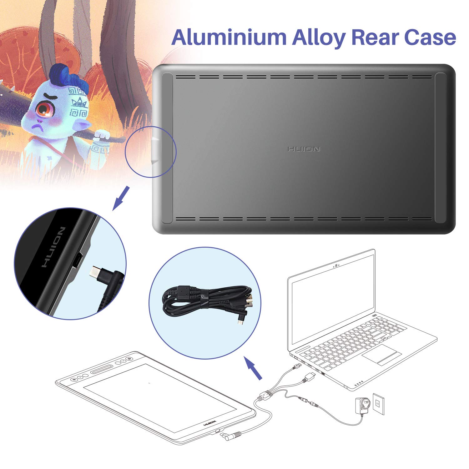 HUION KAMVAS PRO 13 Grafiktablett mit Display 13,3 Zoll Grafikzeichnungsmonitor, voll laminiert, mit verstellbarem Ständer, 4 Expresstasten und 1 Touch-Bar Ideal für Home-Office & E-Learning