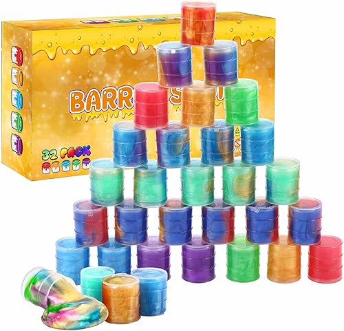 Paquete de 32 limos de barril, recuerdo de fiesta de slime de galaxia para niños, kit de slime súper suave y elástico para niños, San Valentín,